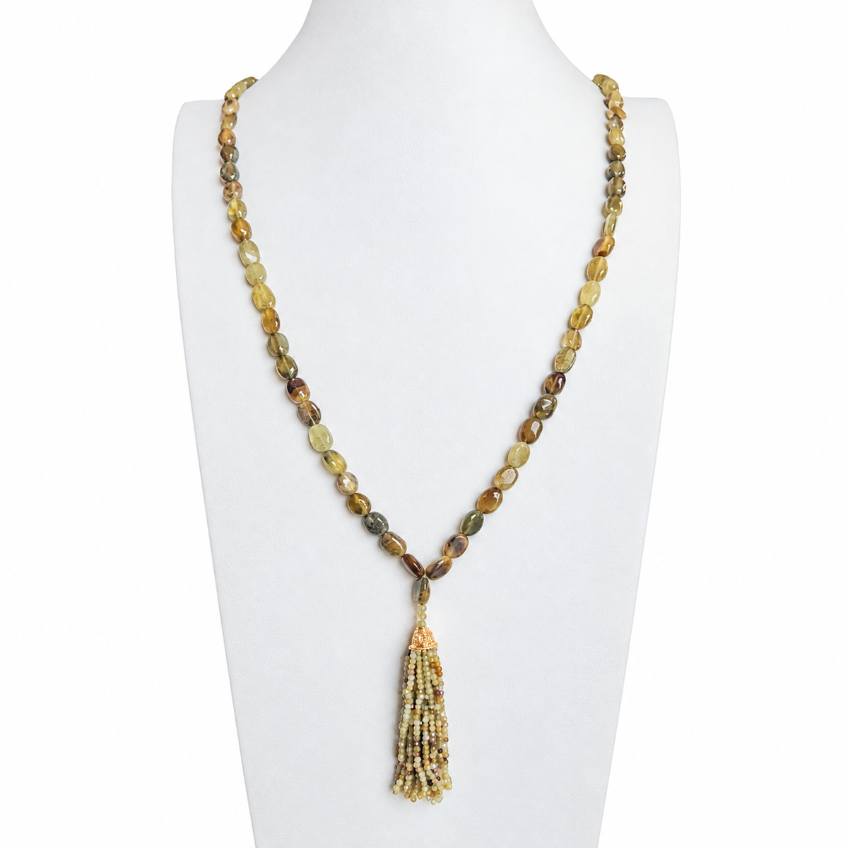 Grossular Green Garnet Oval Tassel Mala Necklace