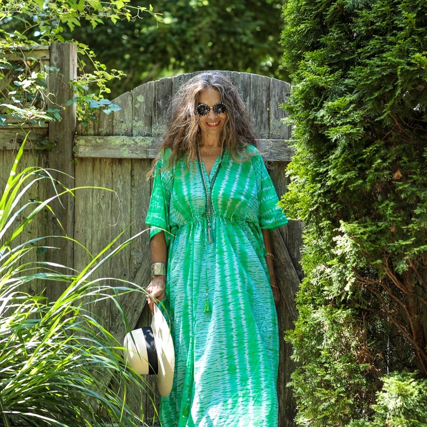 Galapagos Green Needle Shibori Maxi Kaftan Dress