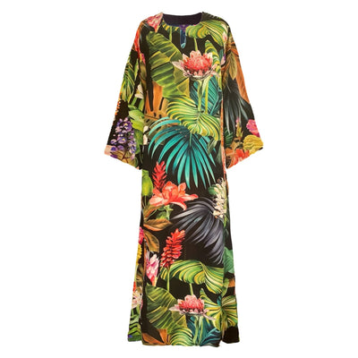 Black Botanica Italian Silk Long Tunic Dress