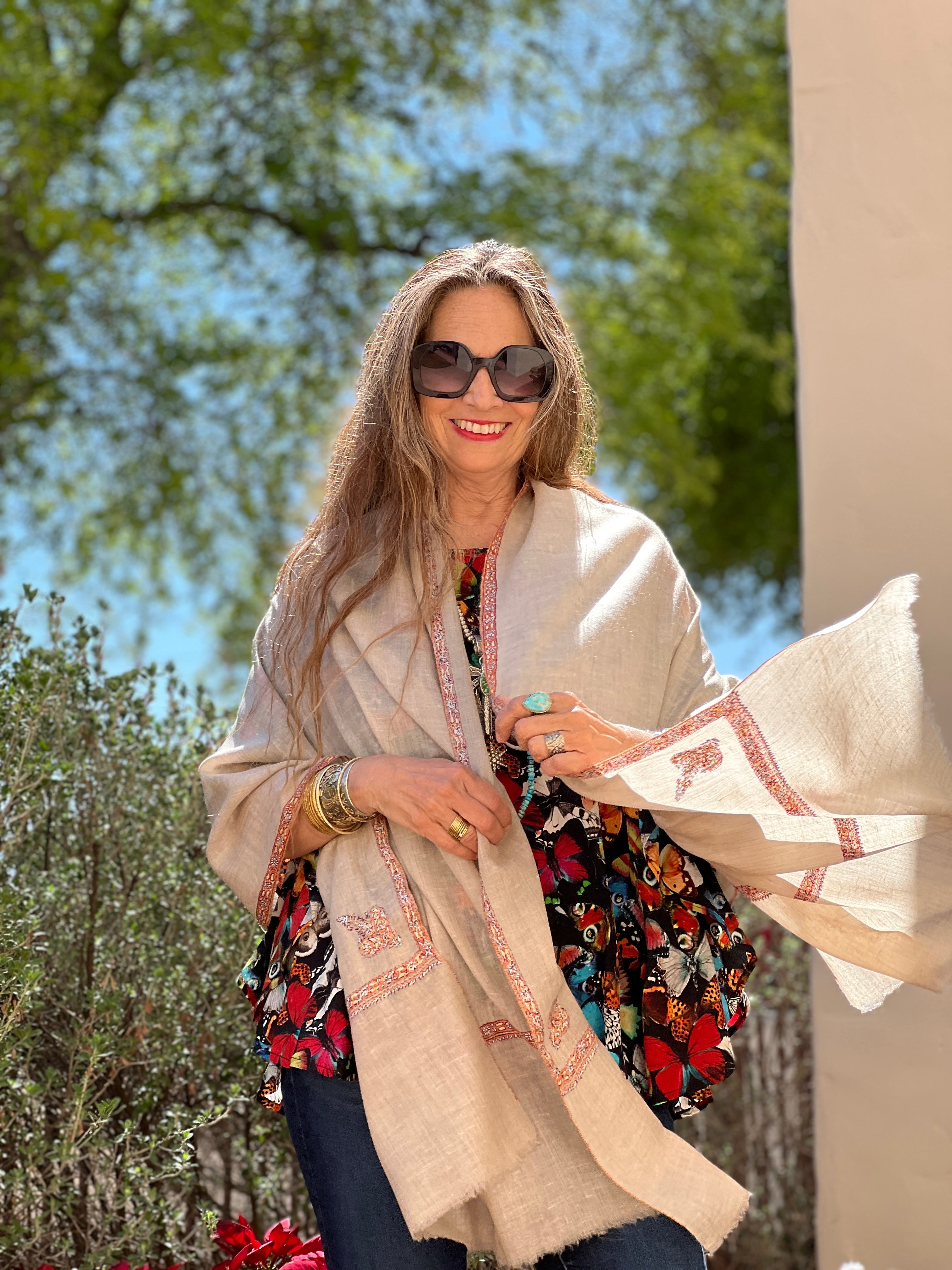 Natural Hand Embroidered Pashmina Shawl One of a Kind