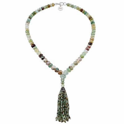 Faceted Aqua Chalcedony Tassel Mini Mala Necklace