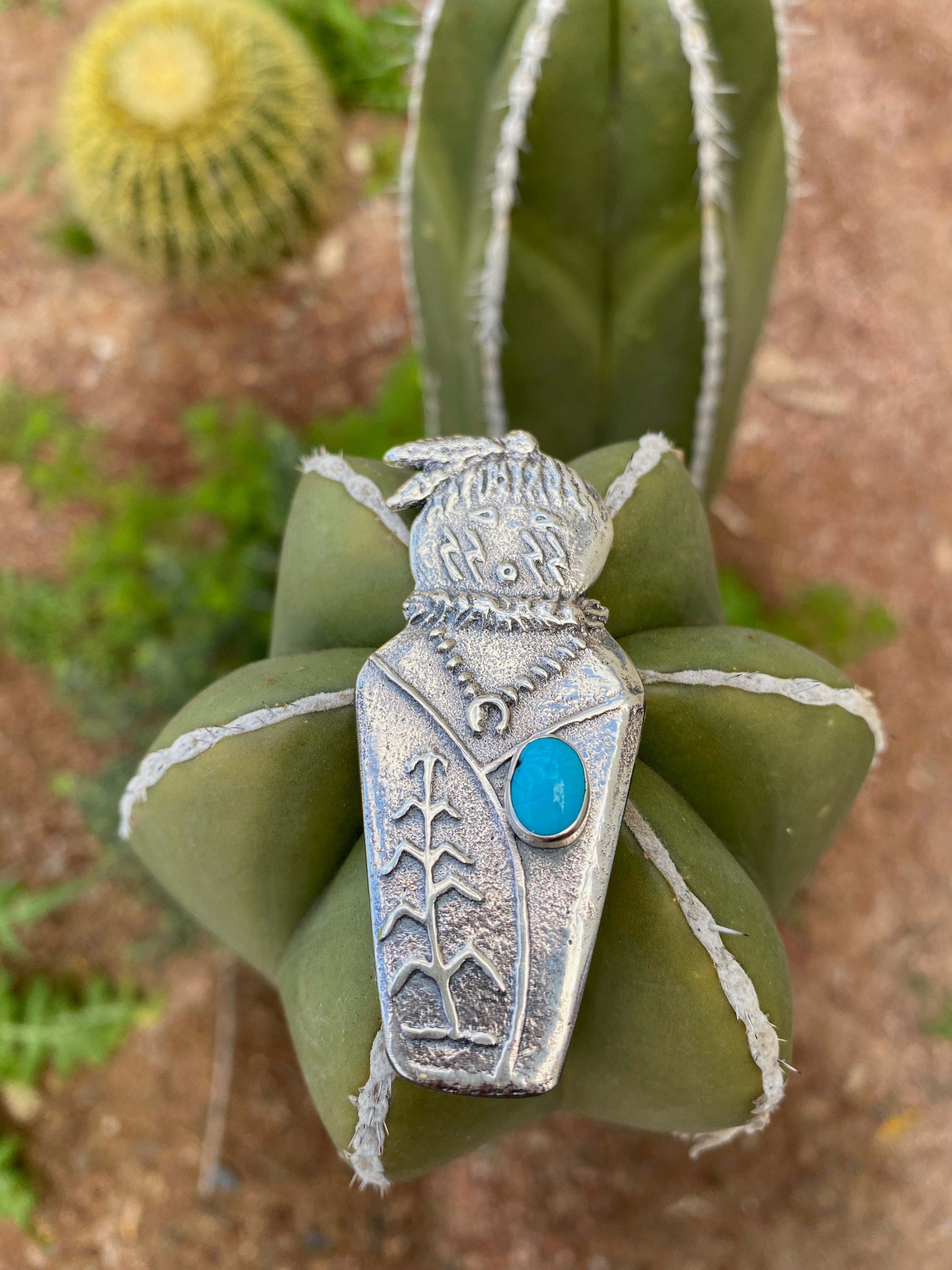 Sleeping Beauty Turquoise and Silver Navajo Corn Maiden Necklace Tufa Cast