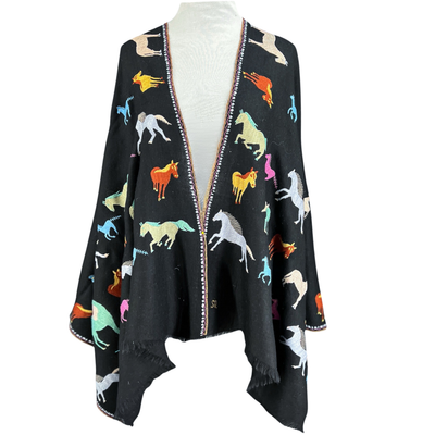 Black Pashmina Wild Horse Hand Embroidered Shawl One of a Kind