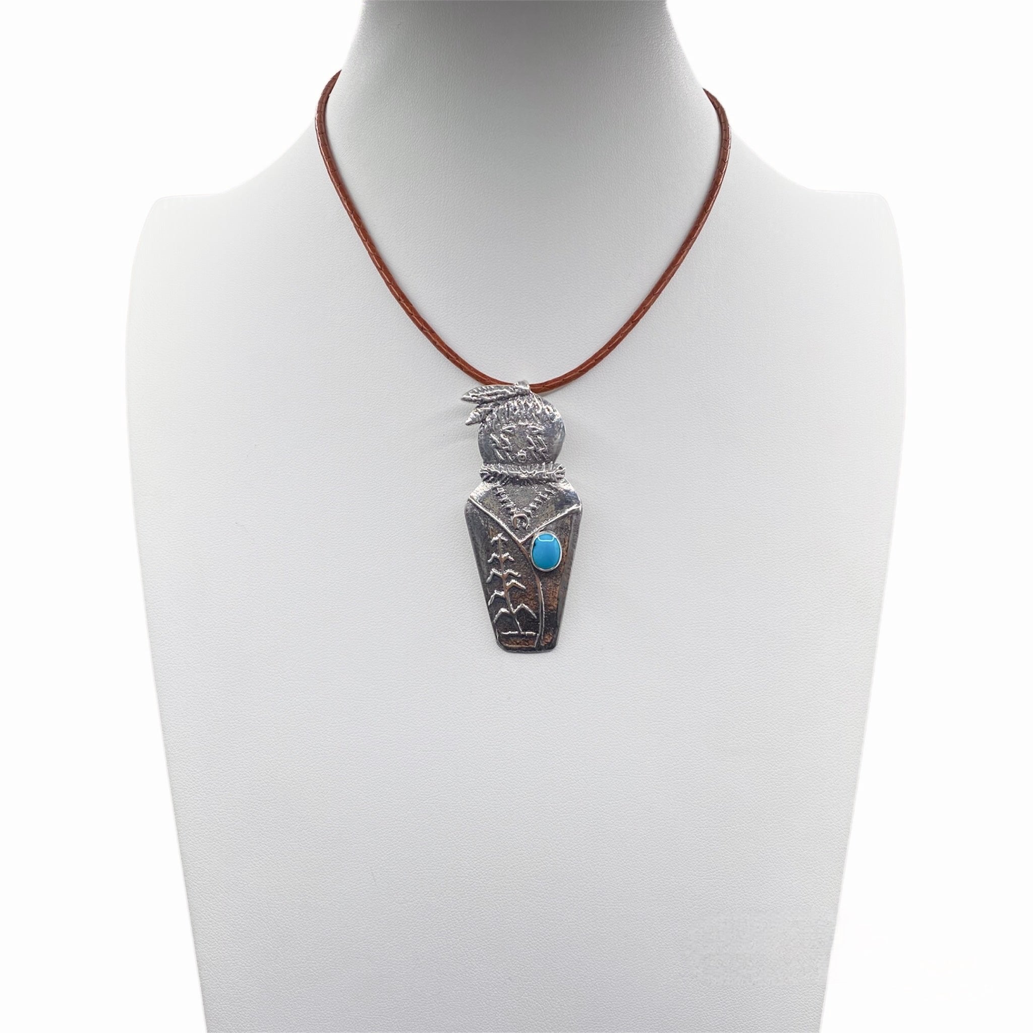 Sleeping Beauty Turquoise and Silver Navajo Corn Maiden Necklace Tufa Cast