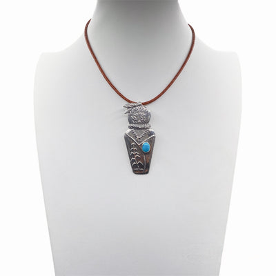 Sleeping Beauty Turquoise and Silver Navajo Corn Maiden Necklace Tufa Cast