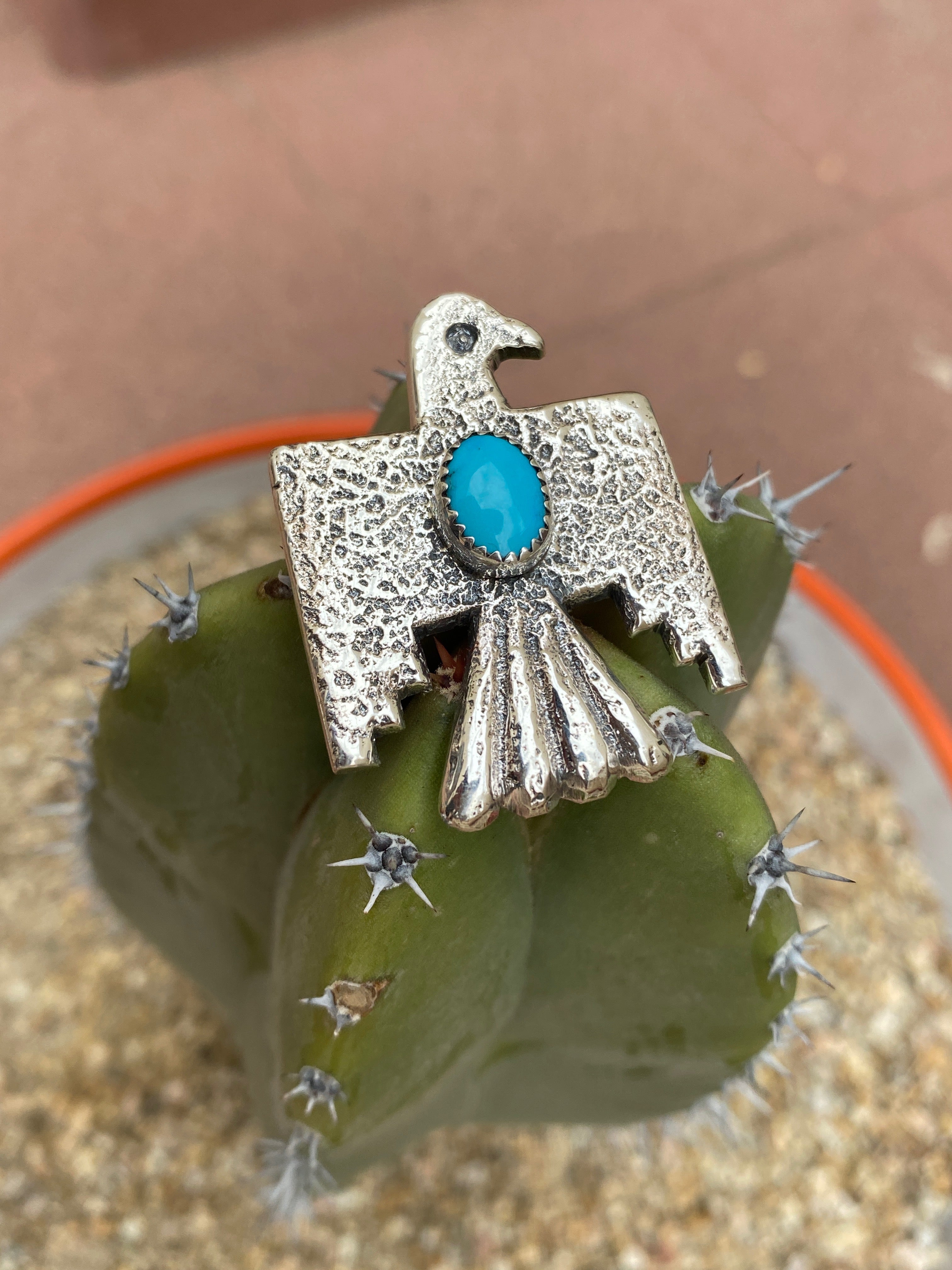 Navajo Silver Sleeping Beauty Turquoise Thunderbird Pendant