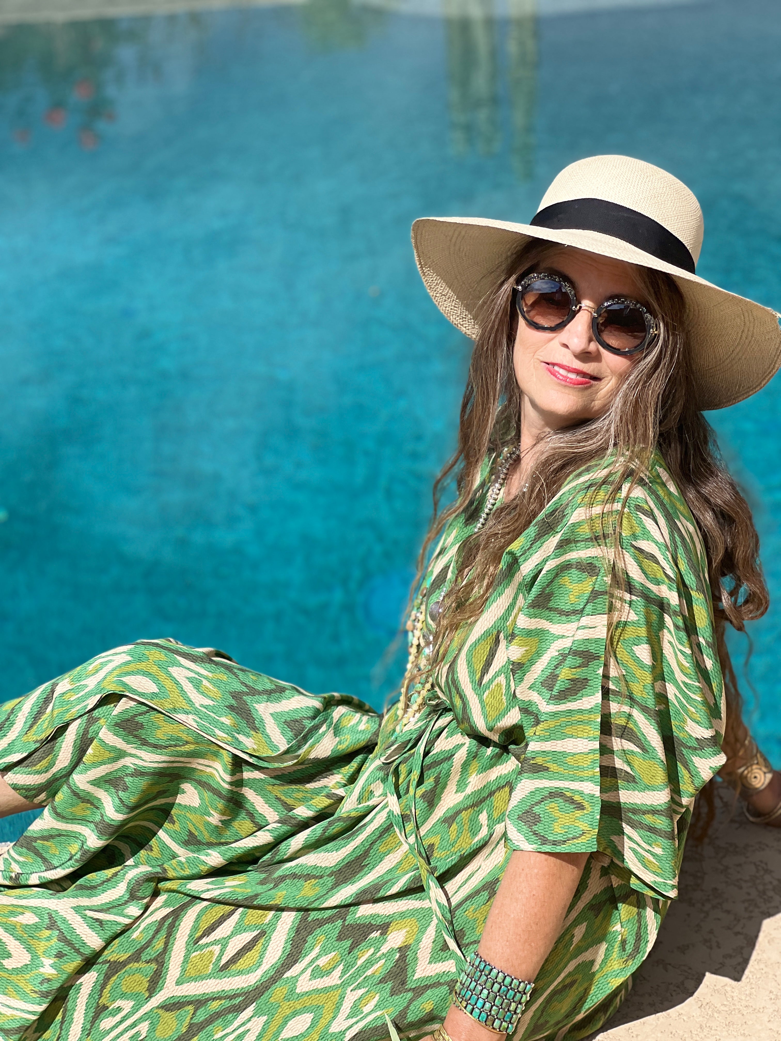 Gallipoli Green Ikat Italian Silk Maxi Kaftan