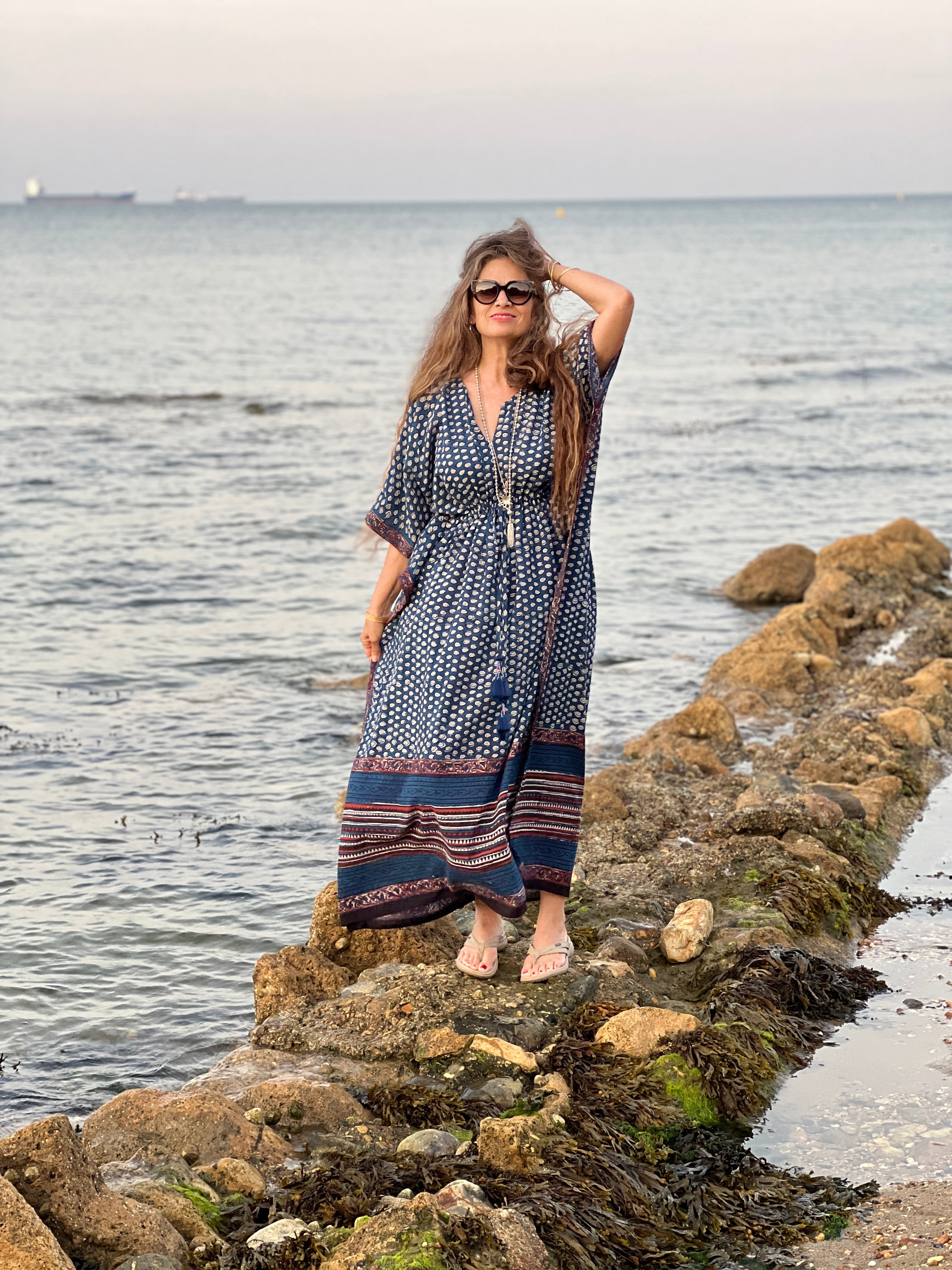 Indira Natural Indigo Maxi Kaftan Dress