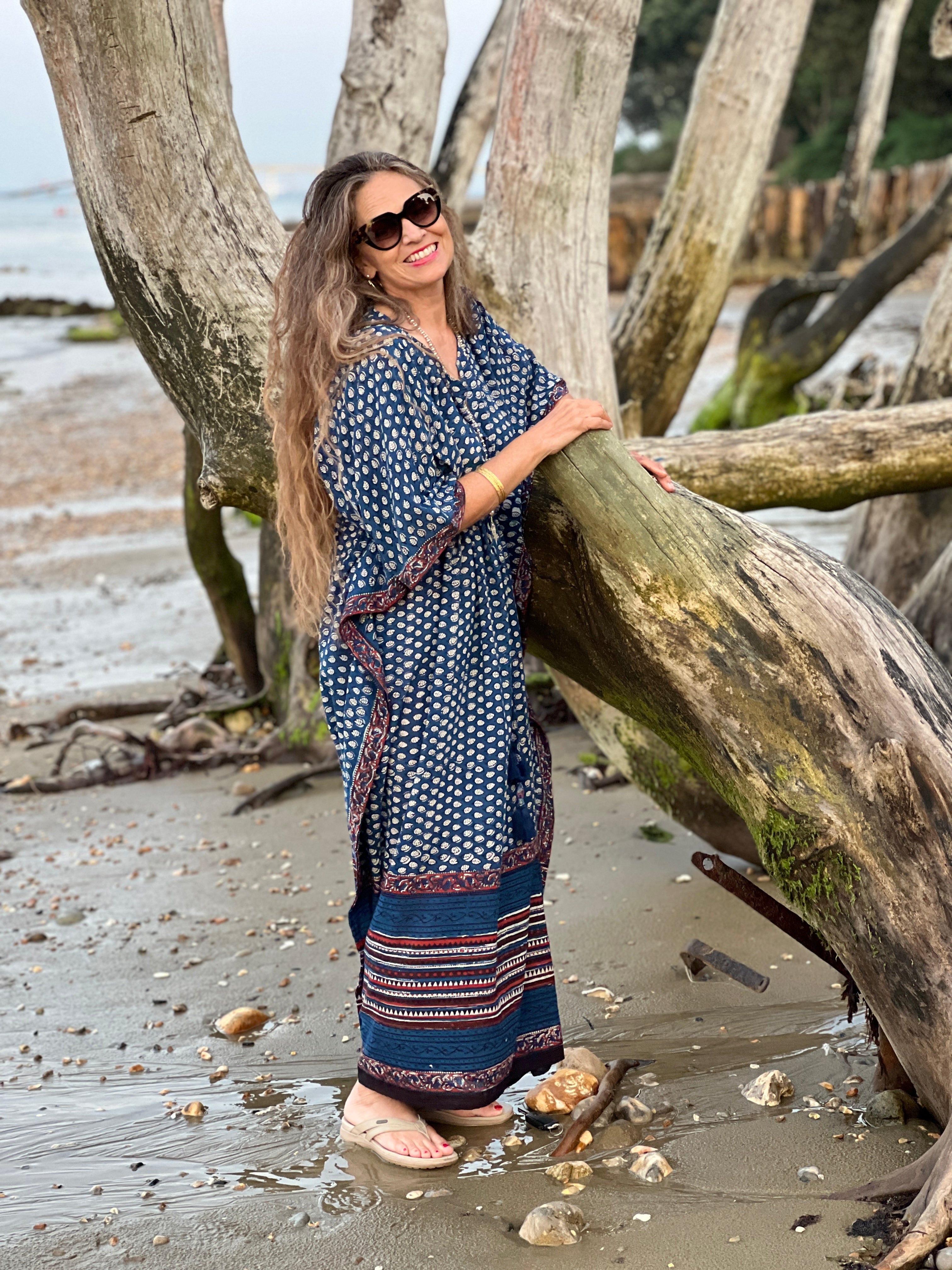 Indira Natural Indigo Maxi Kaftan Dress