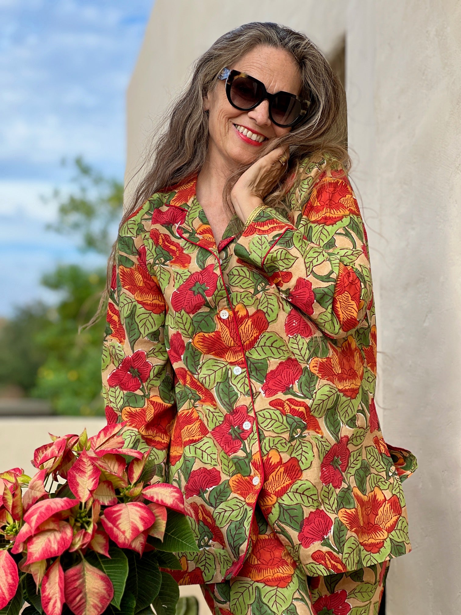 Frida Floral Cotton Long Sleeve Pajamas Hand Printed