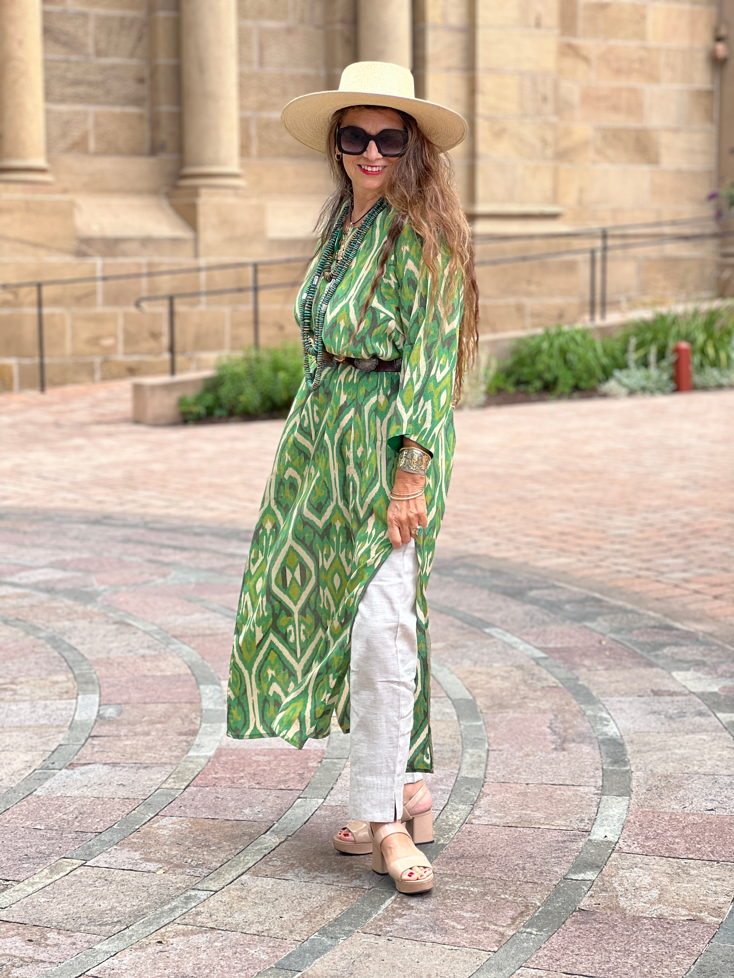 Gallipoli Green Ikat Italian Silk Long Tunic Dress On Back Order 6-8 Weeks