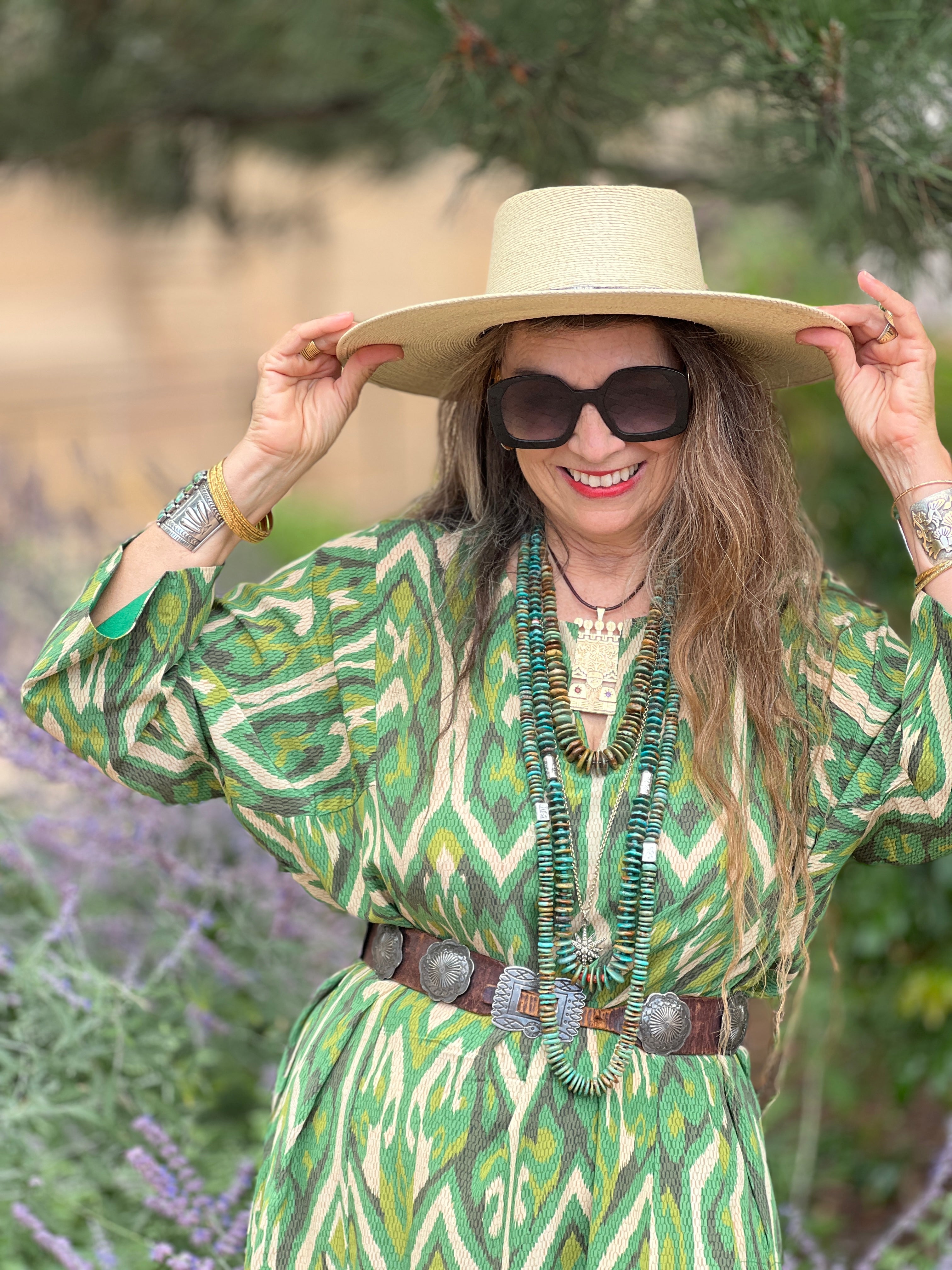 Gallipoli Green Ikat Italian Silk Long Tunic Dress On Back Order 6-8 Weeks