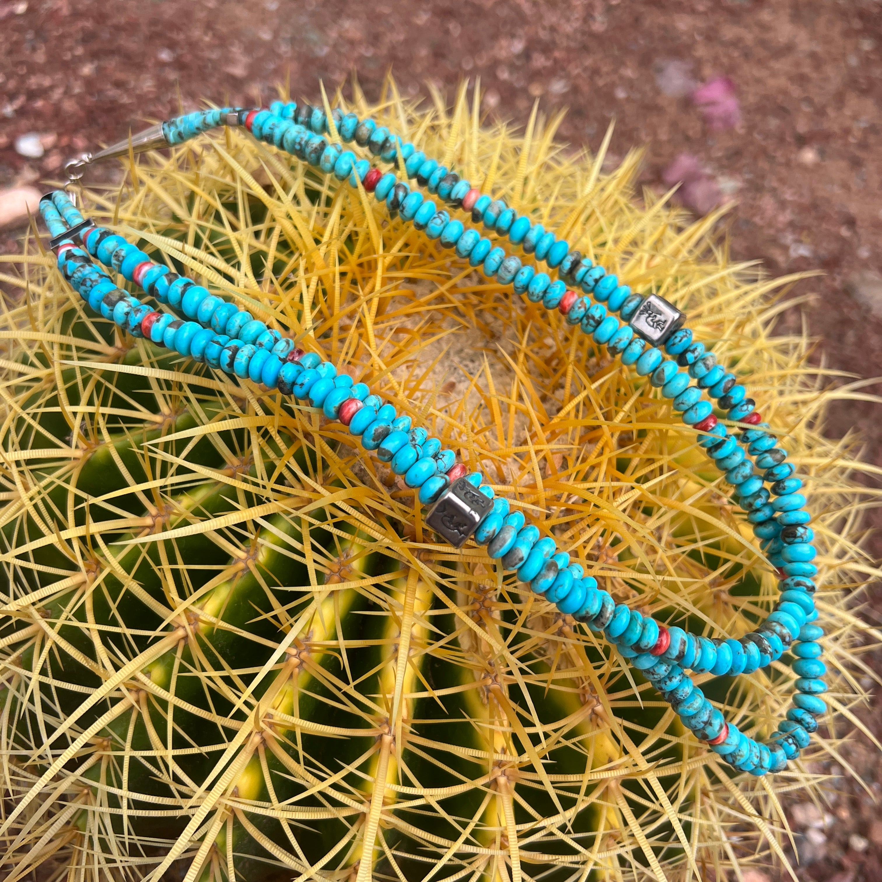 Rare Sleeping Beauty Turquoise Double Bib Necklace with Silver Kokopelli
