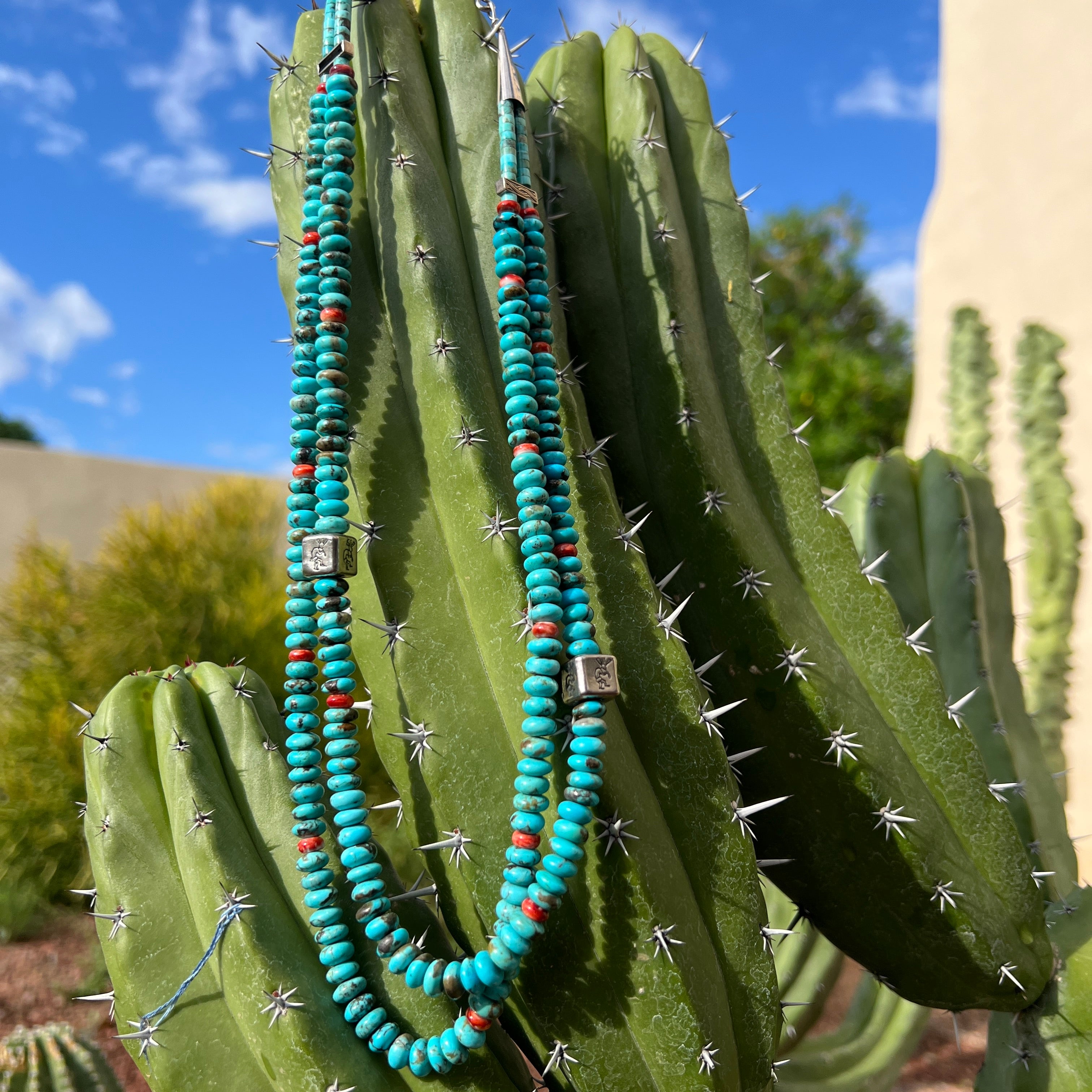 Rare Sleeping Beauty Turquoise Double Bib Necklace with Silver Kokopelli