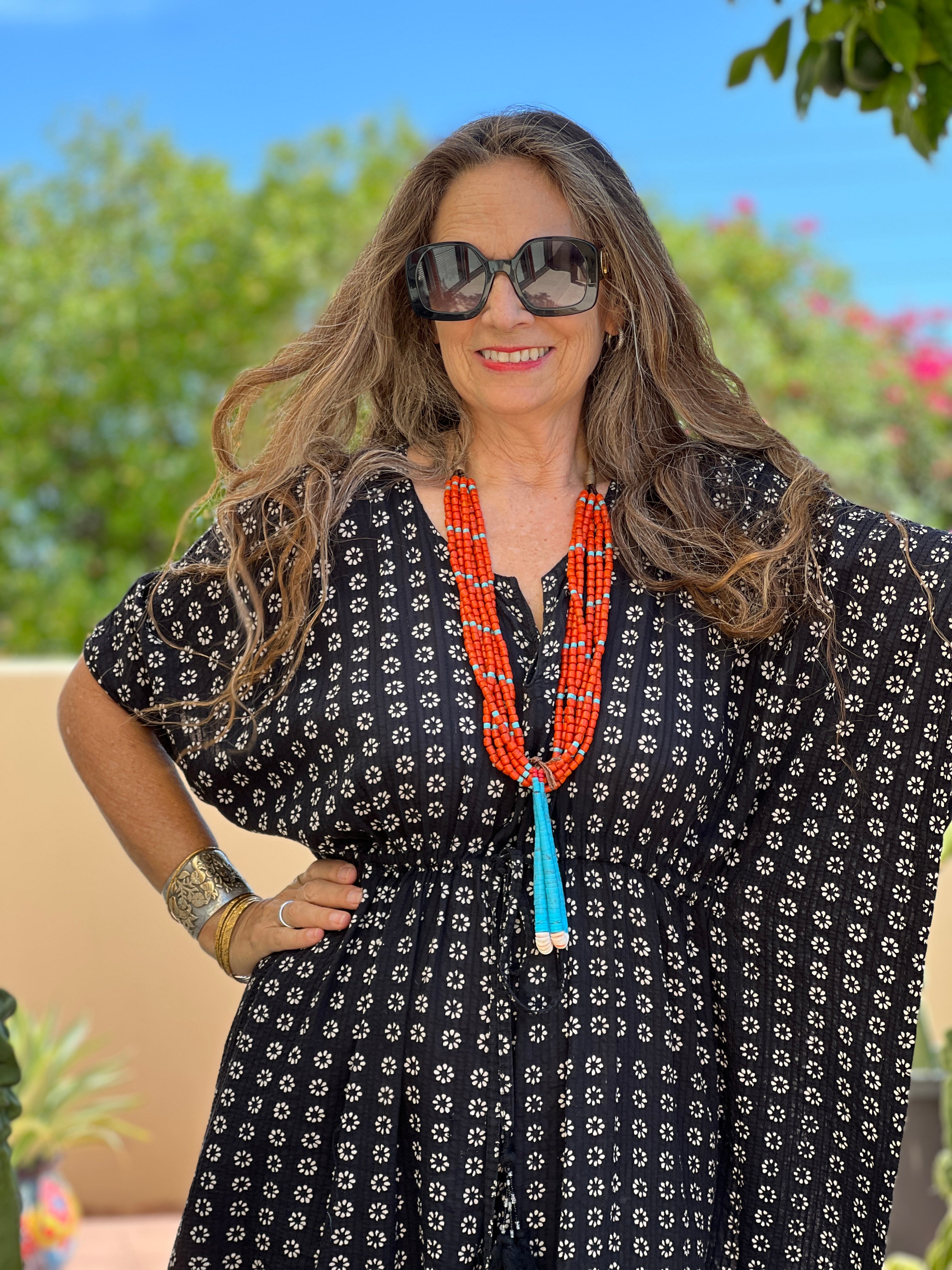 Kingman Turquoise and Ceramic Bead Jacla Necklace Santo Domingo