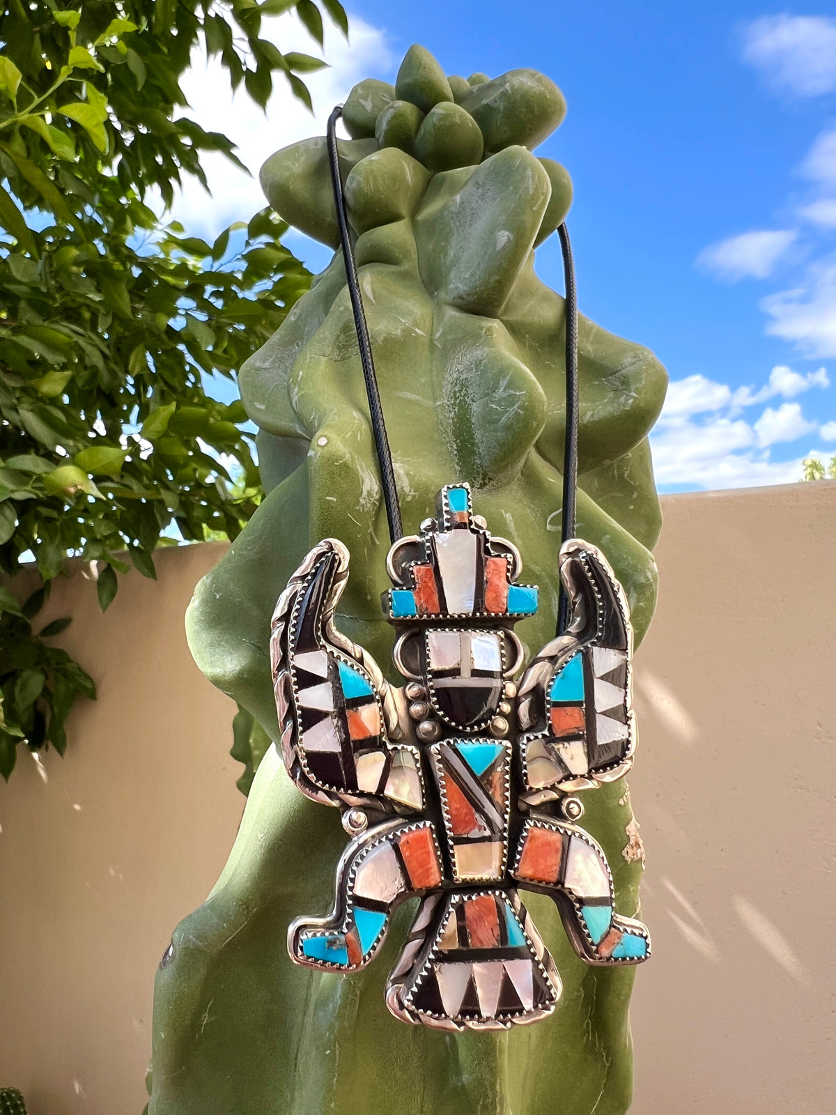 Vintage Zuni Silver, Turquoise, Coral Knife Wing Pin Pendant Necklace