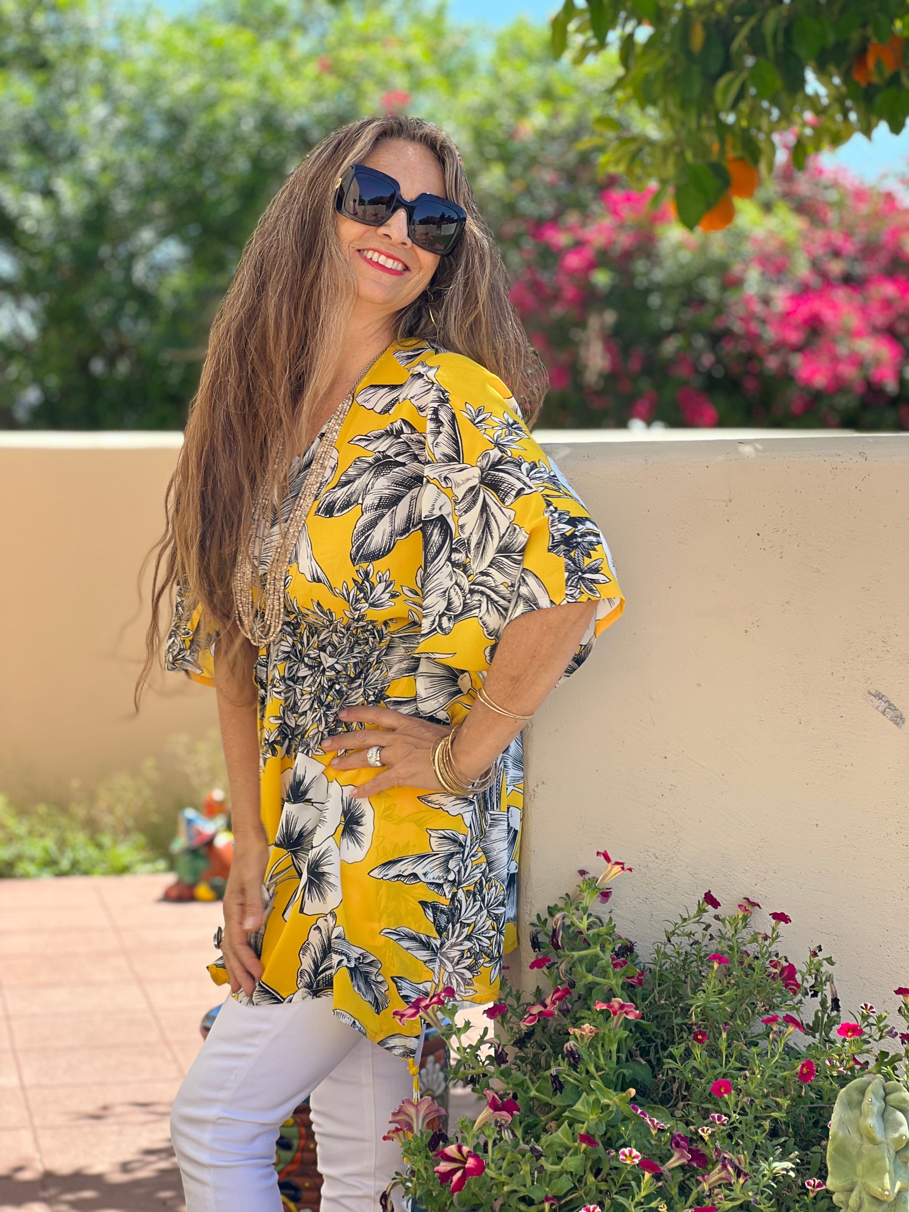 Giardino Giallo Italian Silk Short Kaftan Dress