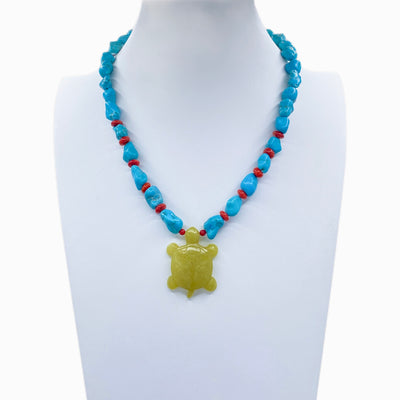 Turquoise, Coral, and Serpentine Turtle Necklace