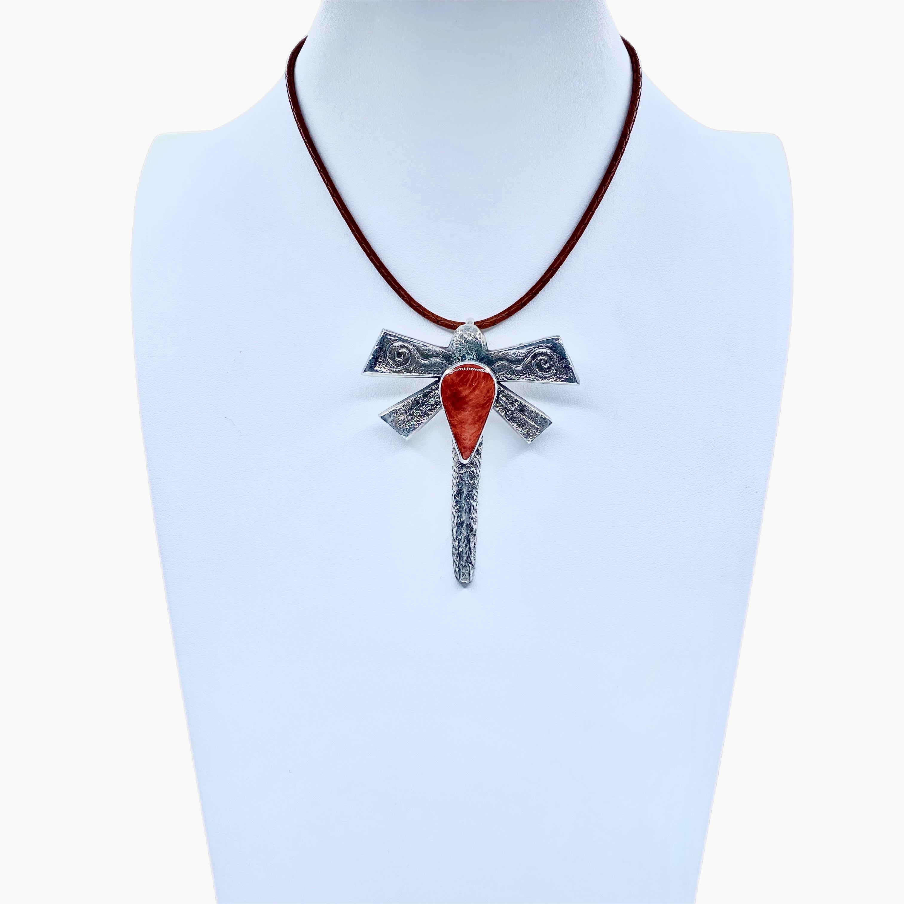 Coral Navajo Silver Dragonfly Pendant