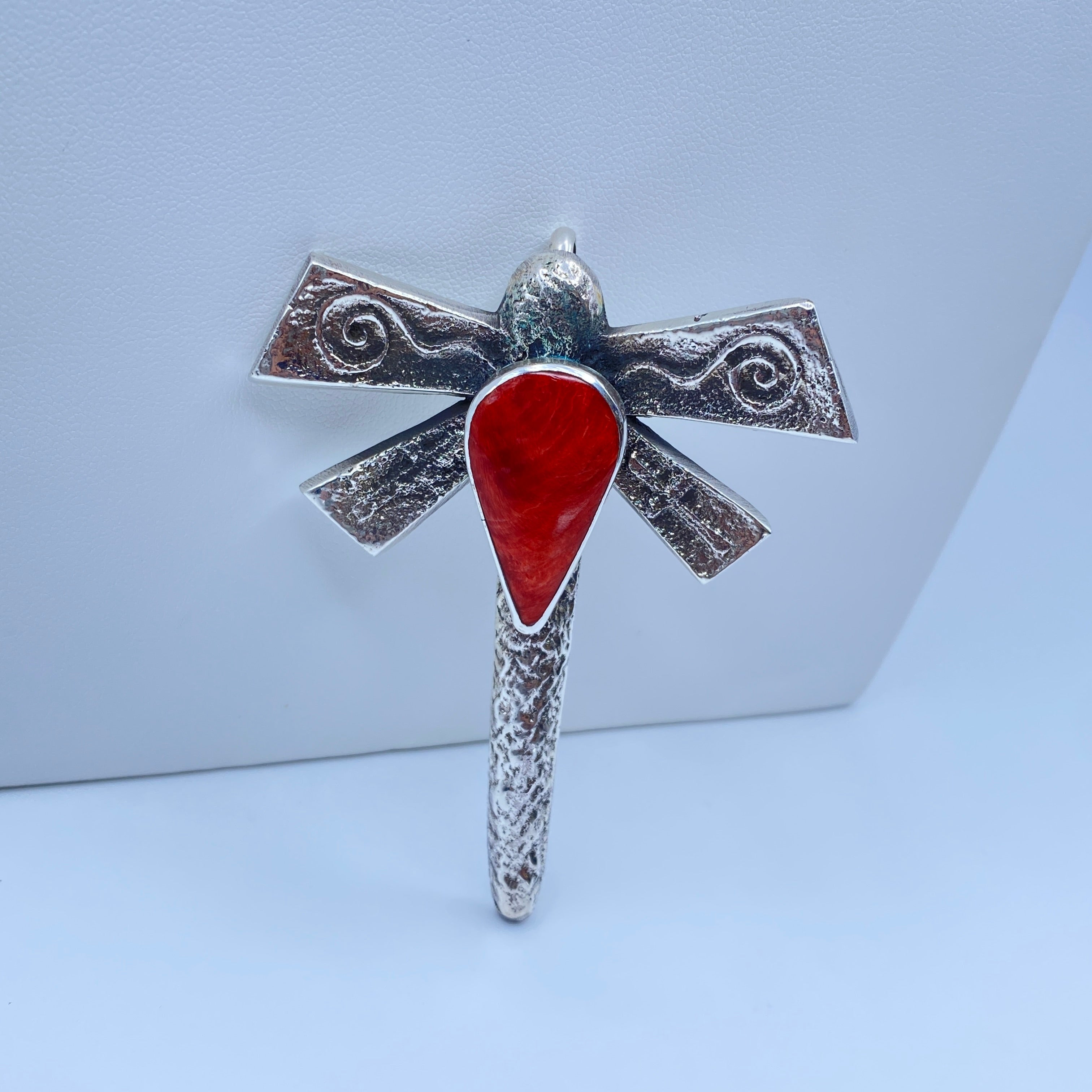 Coral Navajo Silver Dragonfly Pendant