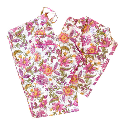 Primrose Pink Floral Long Sleeve Pajamas Hand Printed