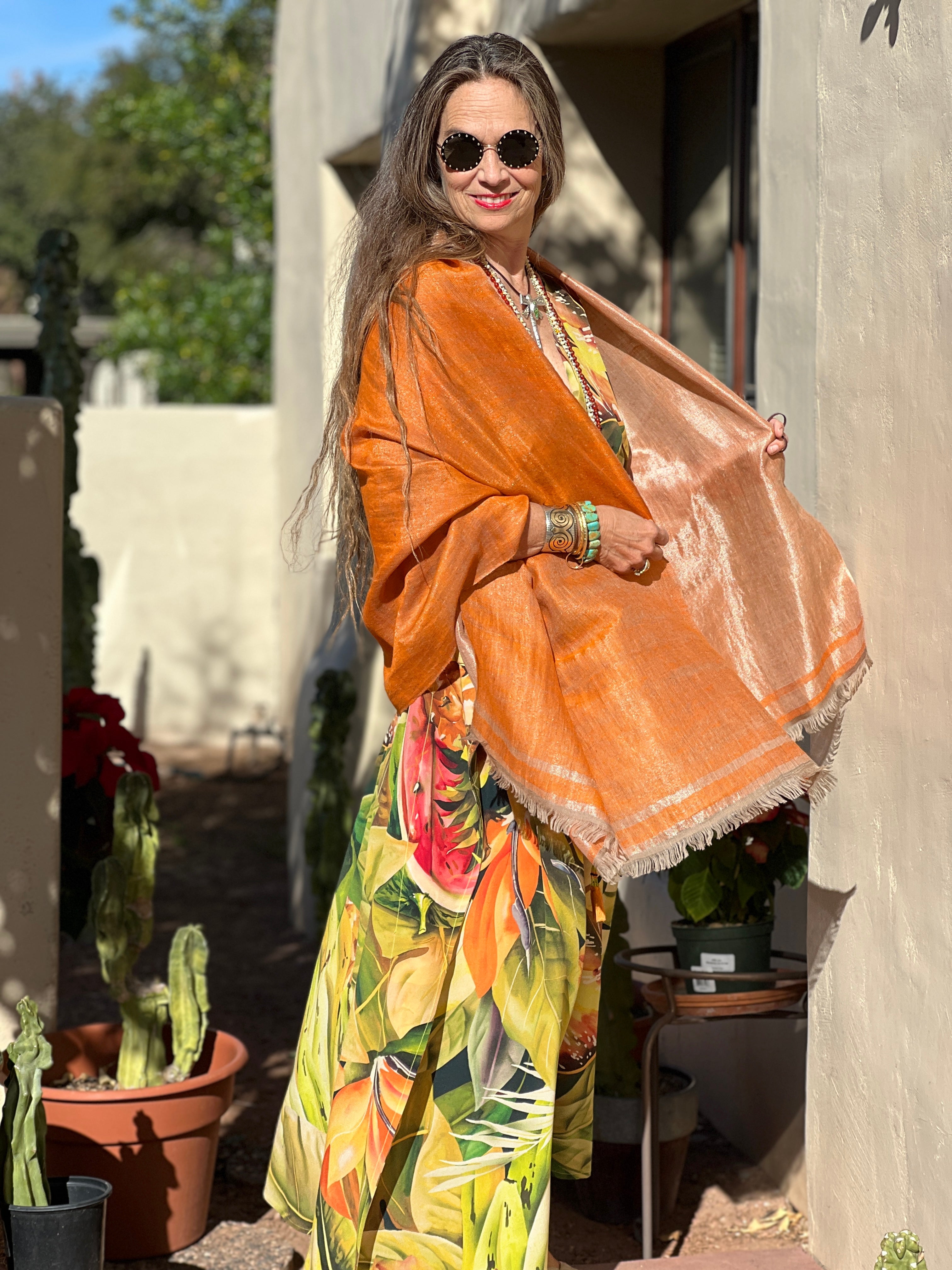 Fantastic Orange Metallic Pashmina Kashmiri Shawl