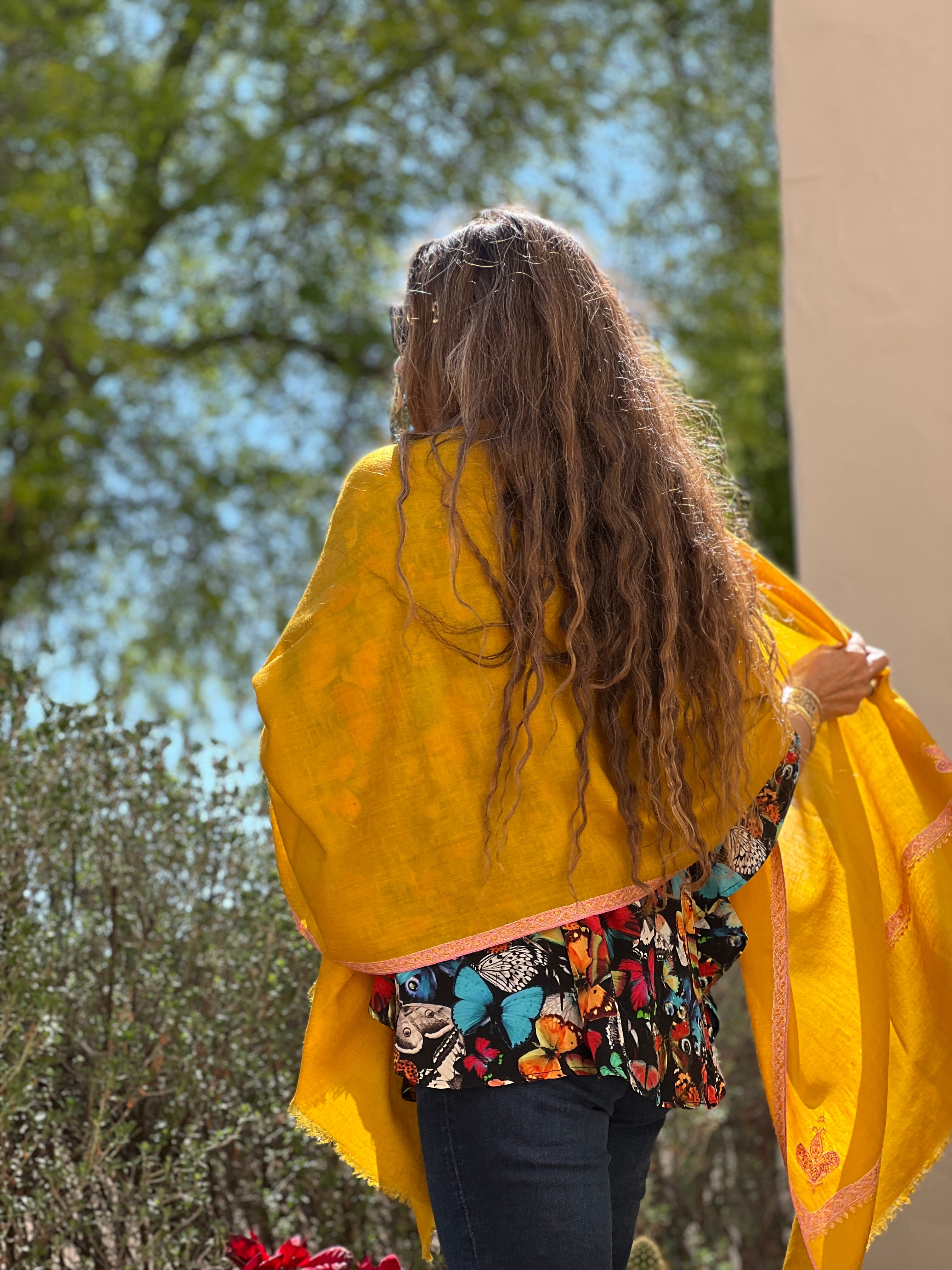 Gold Hand Embroidered Pashmina Shawl One of a Kind