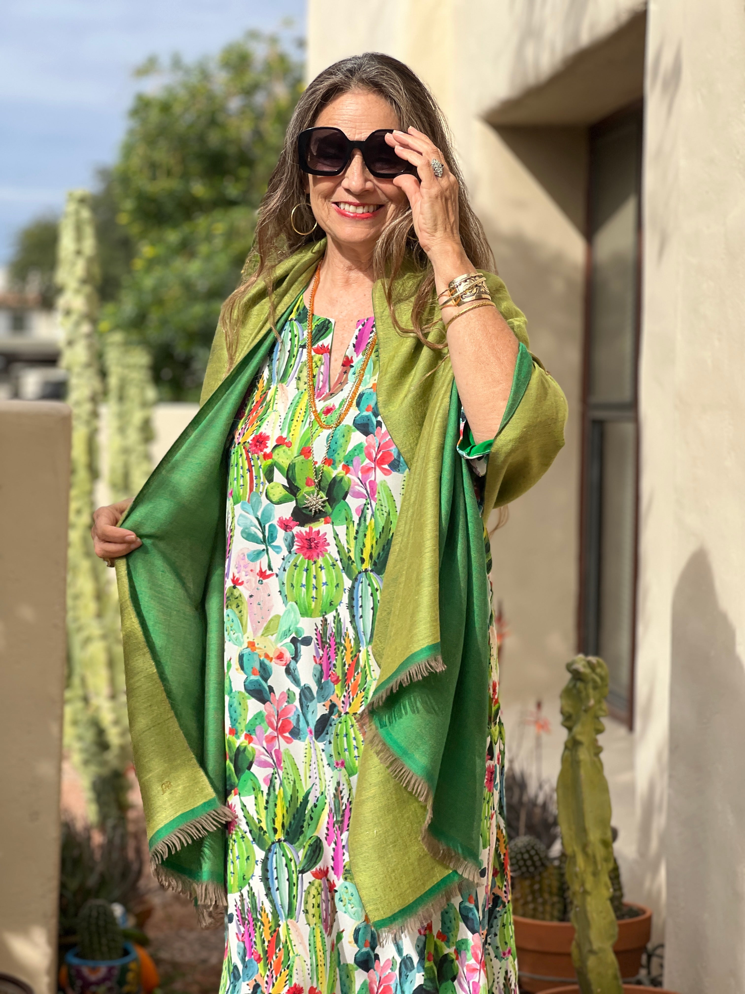 Lime Green Pashmina Shawl Reversible One of a Kind