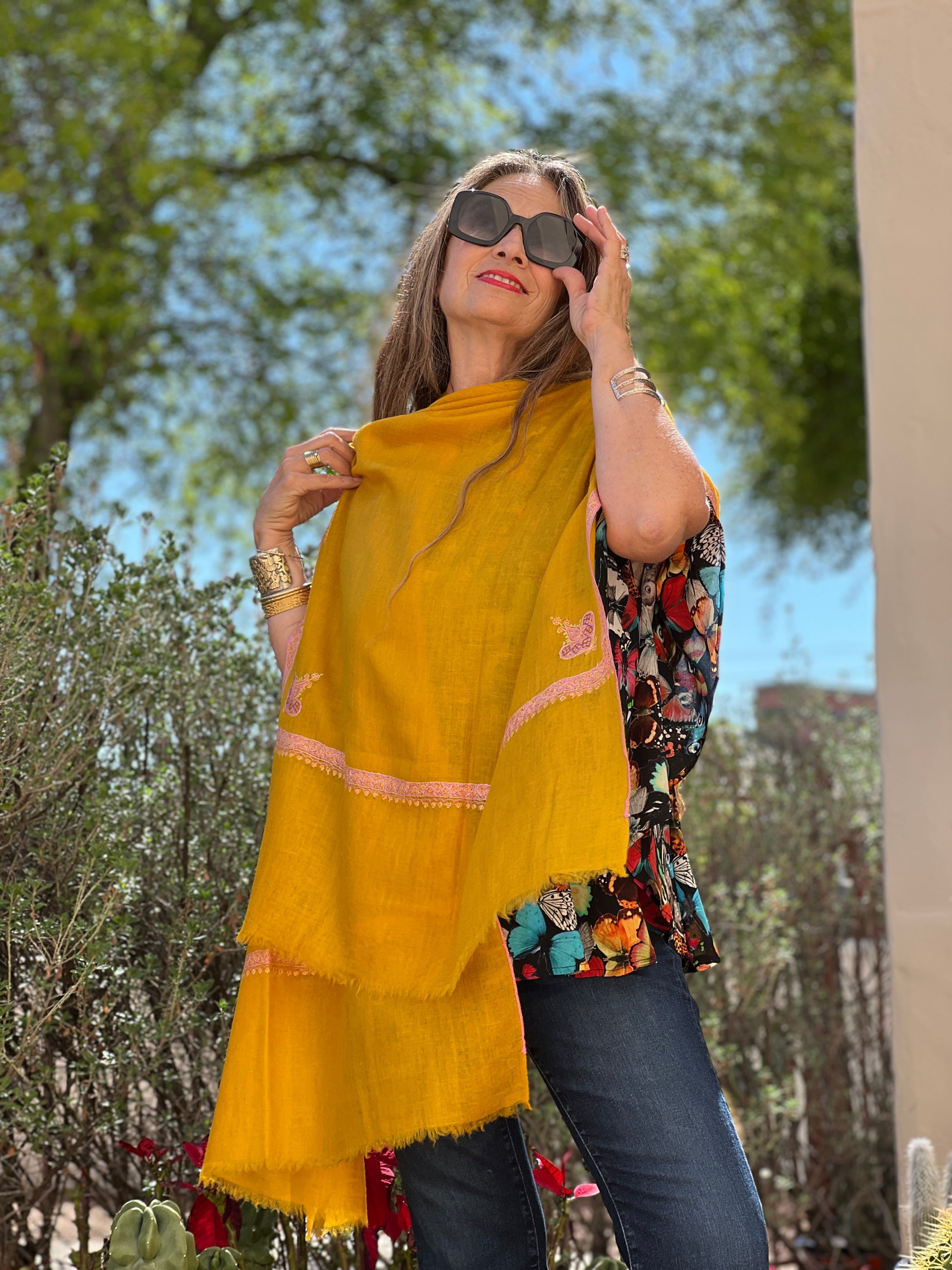 Gold Hand Embroidered Pashmina Shawl One of a Kind