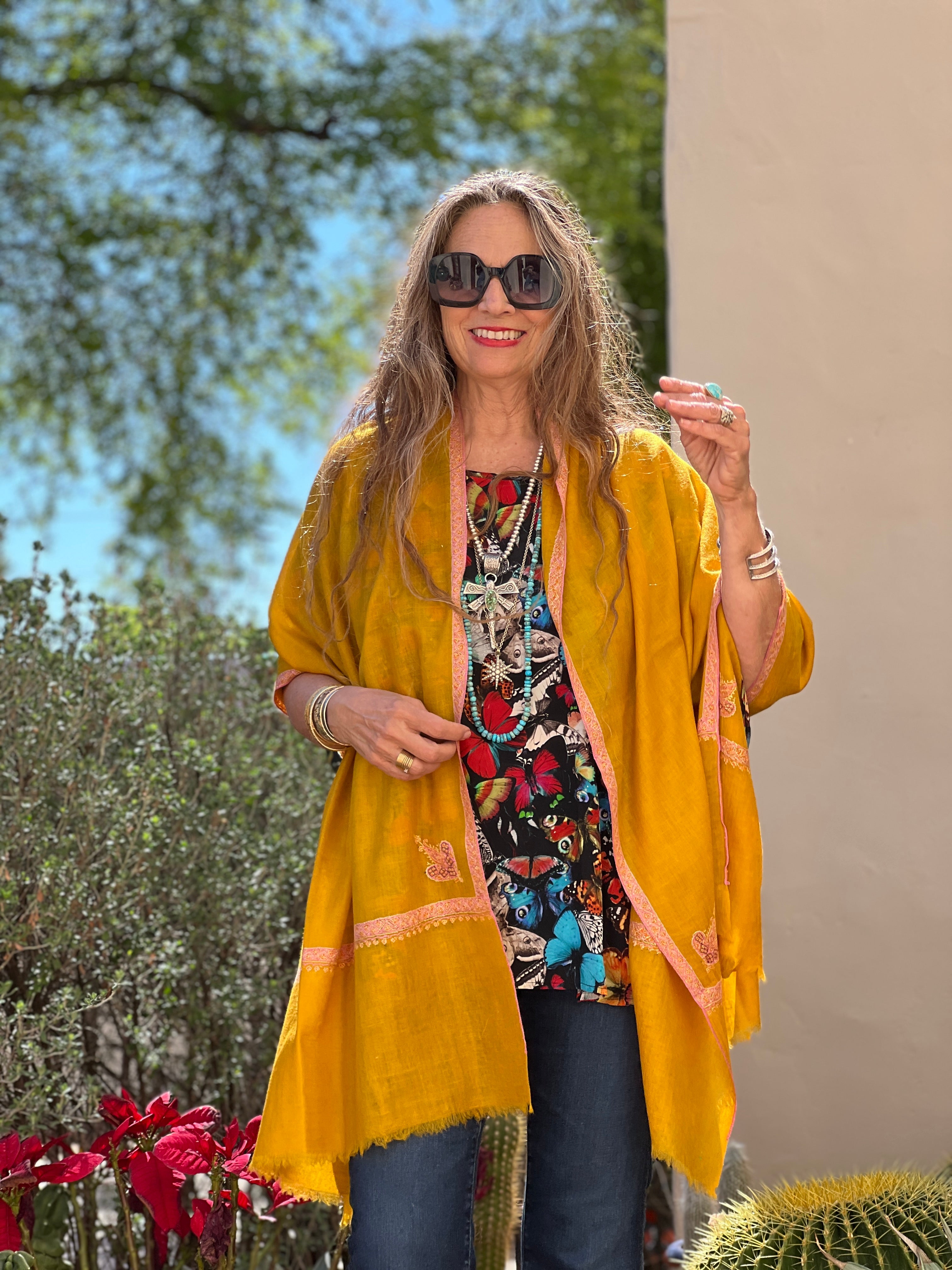 Gold Hand Embroidered Pashmina Shawl One of a Kind
