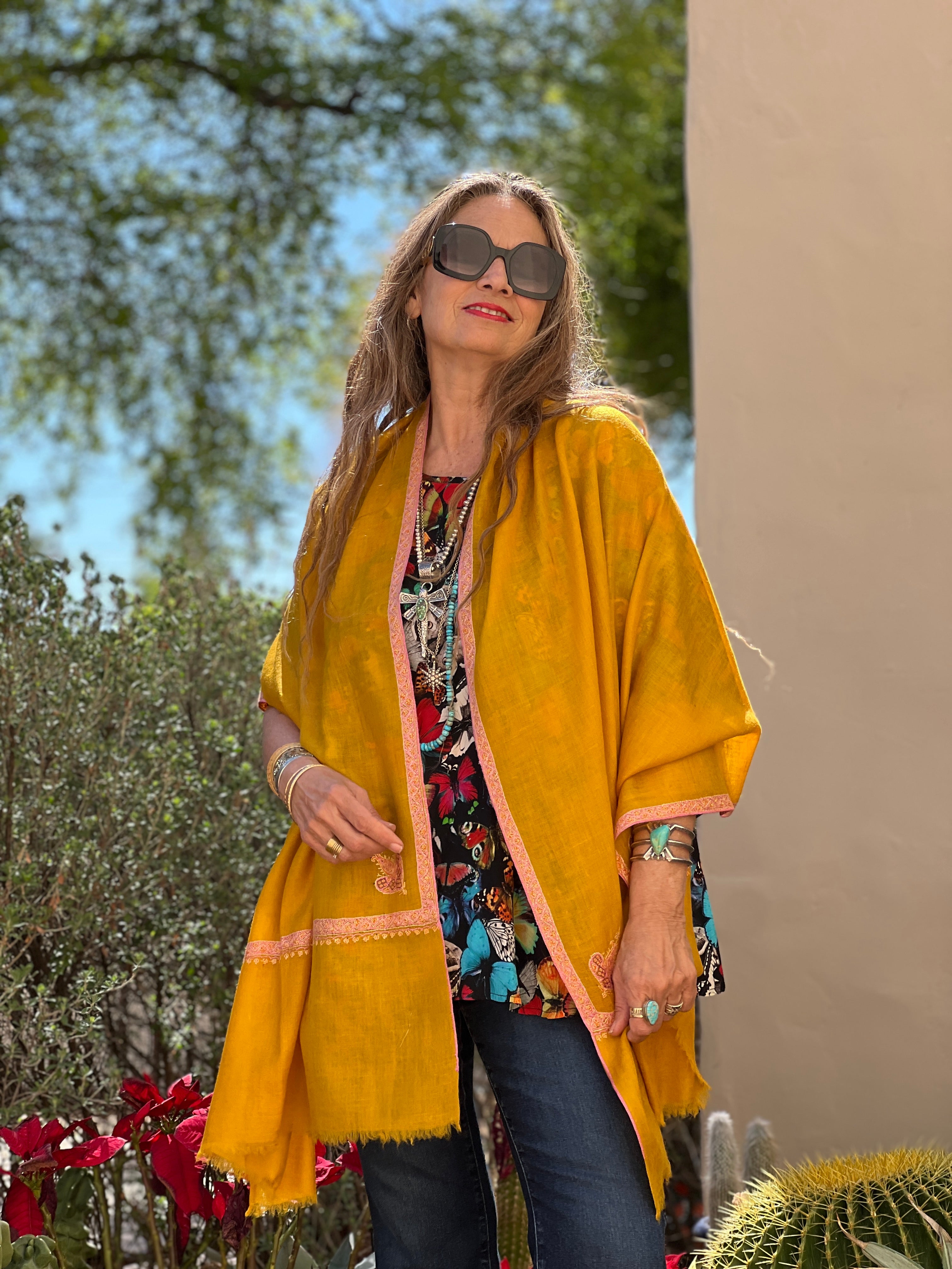 Gold Hand Embroidered Pashmina Shawl One of a Kind