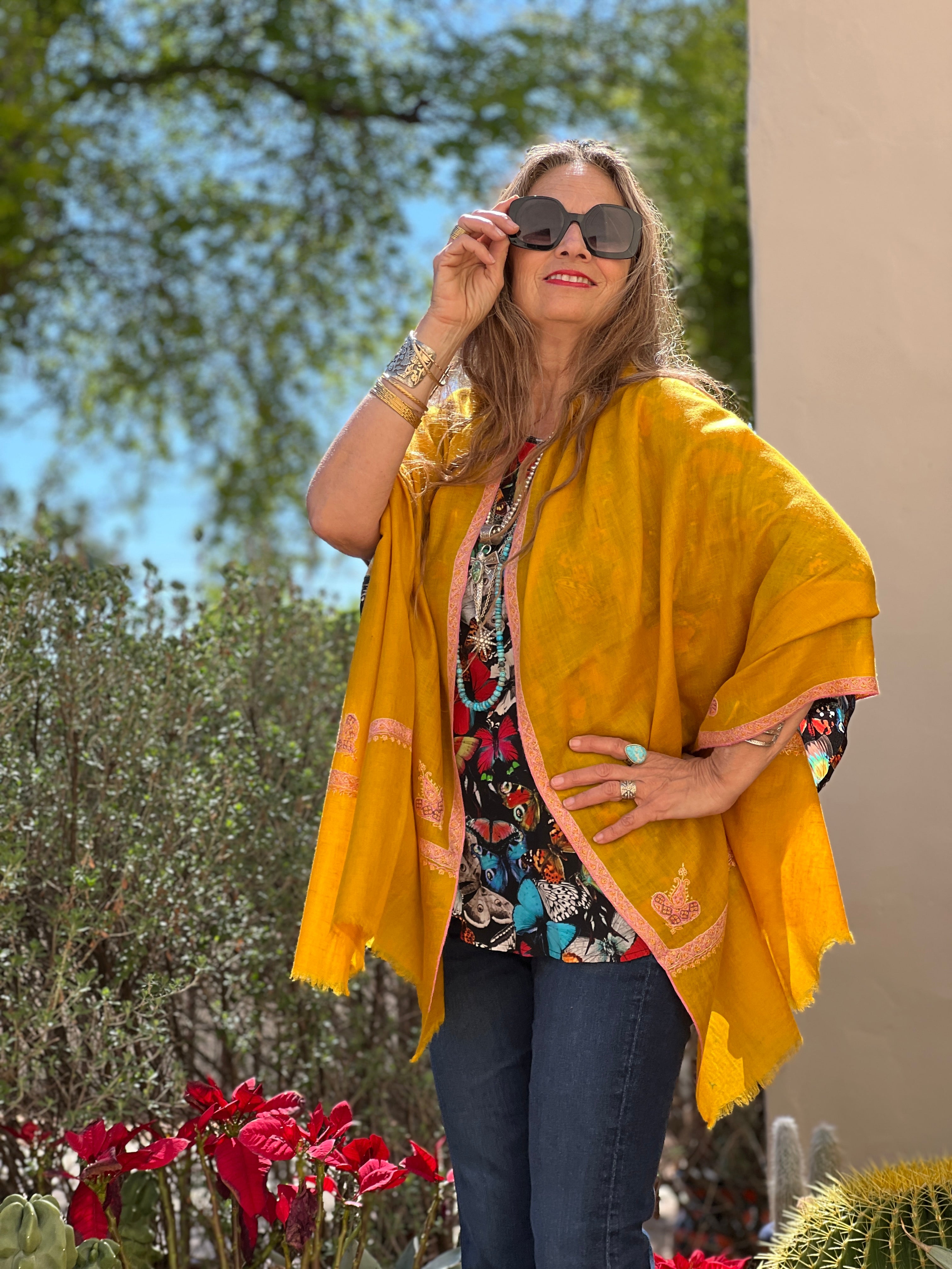 Gold Hand Embroidered Pashmina Shawl One of a Kind