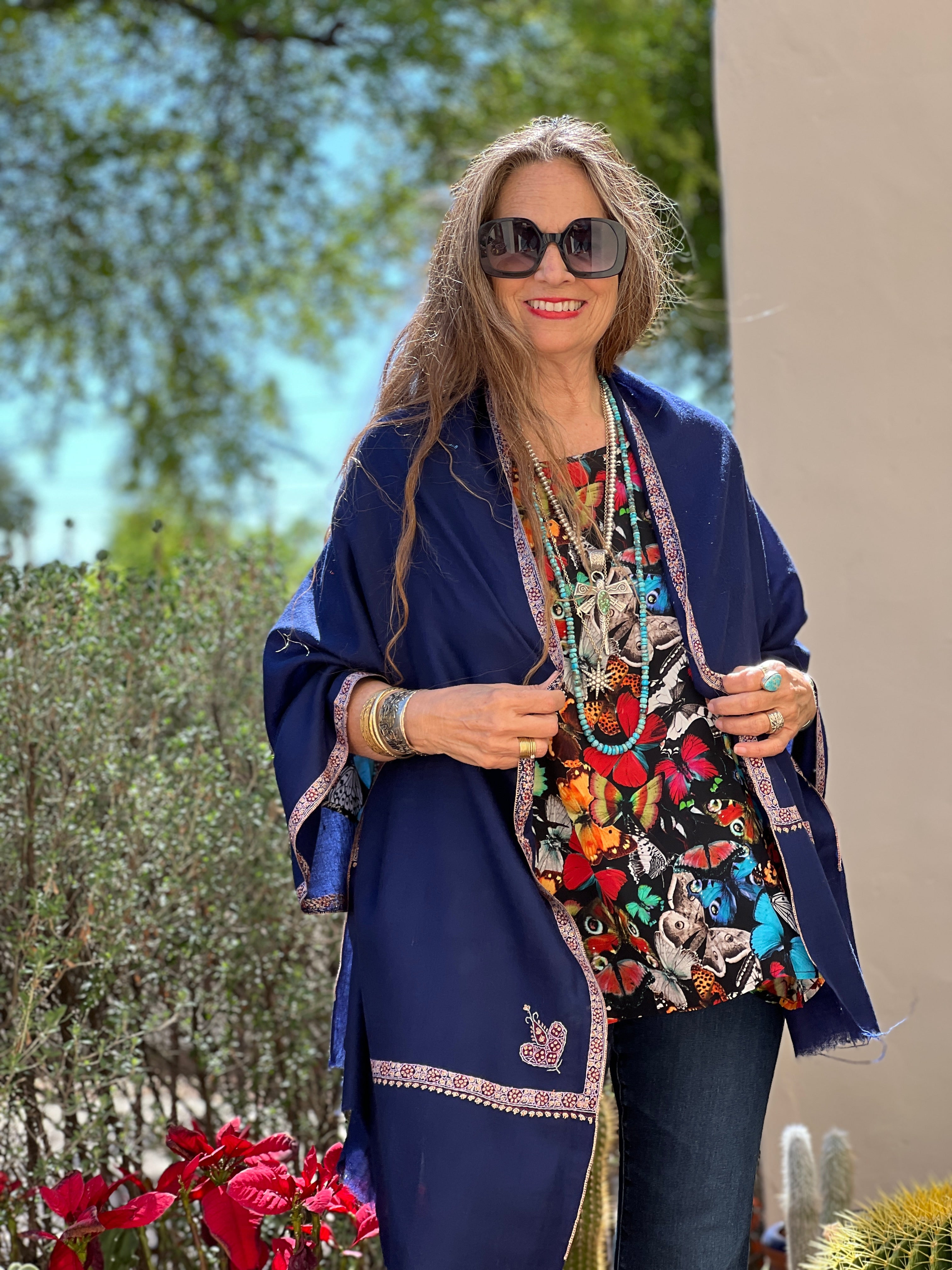 Navy Blue Hand Embroidered Pashmina Shawl One of a Kind