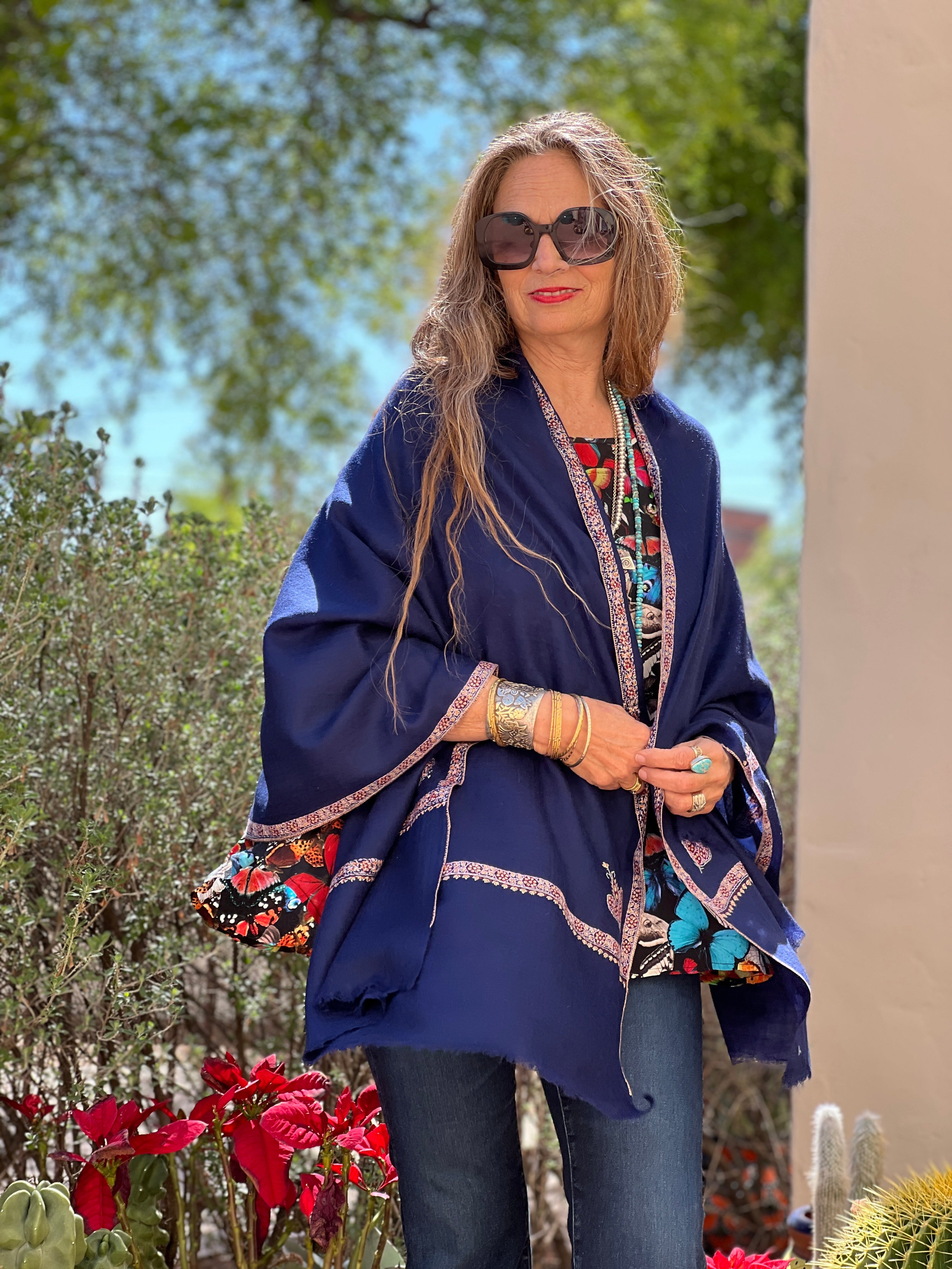 Navy Blue Hand Embroidered Pashmina Shawl One of a Kind