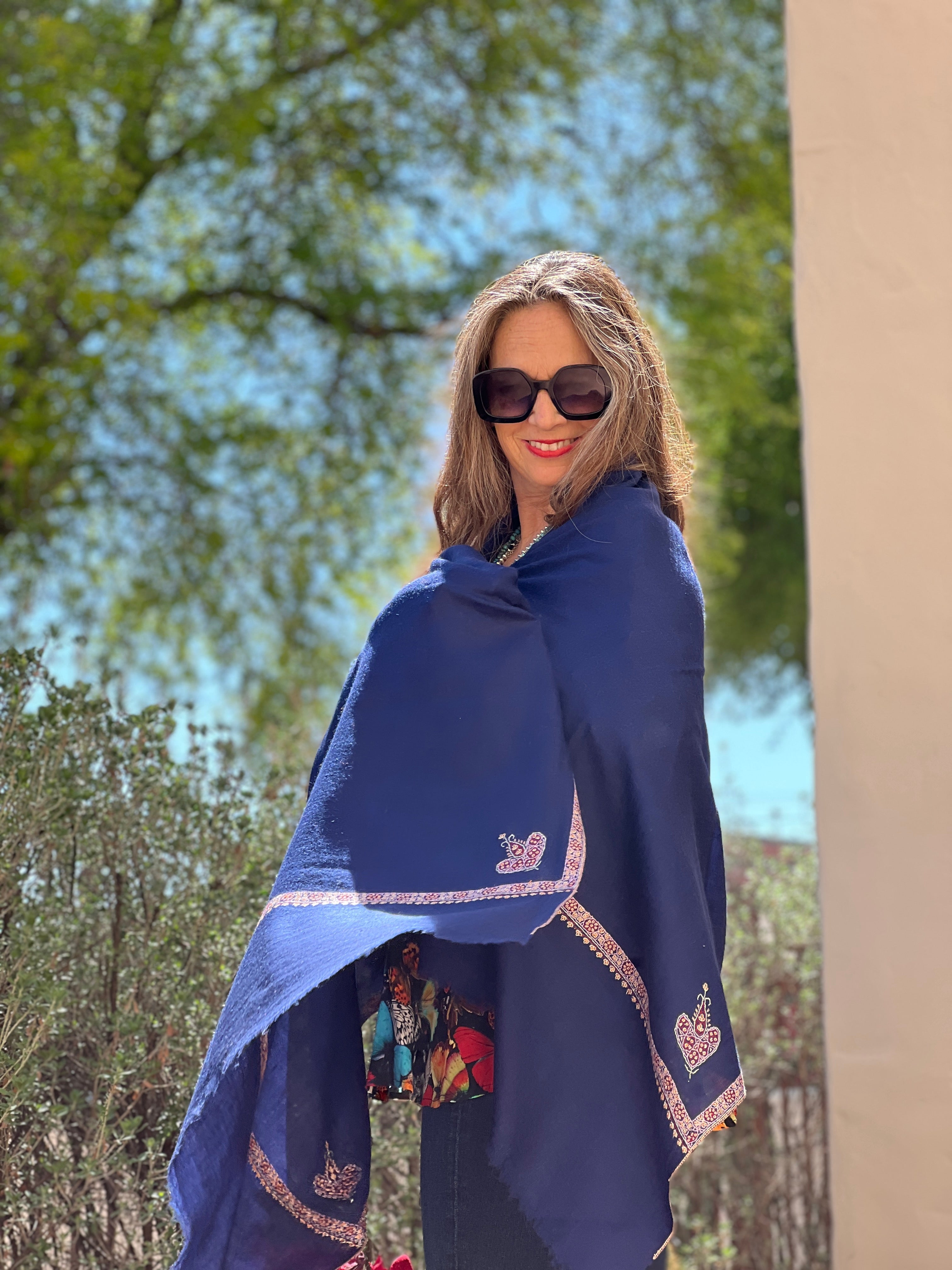 Navy Blue Hand Embroidered Pashmina Shawl One of a Kind