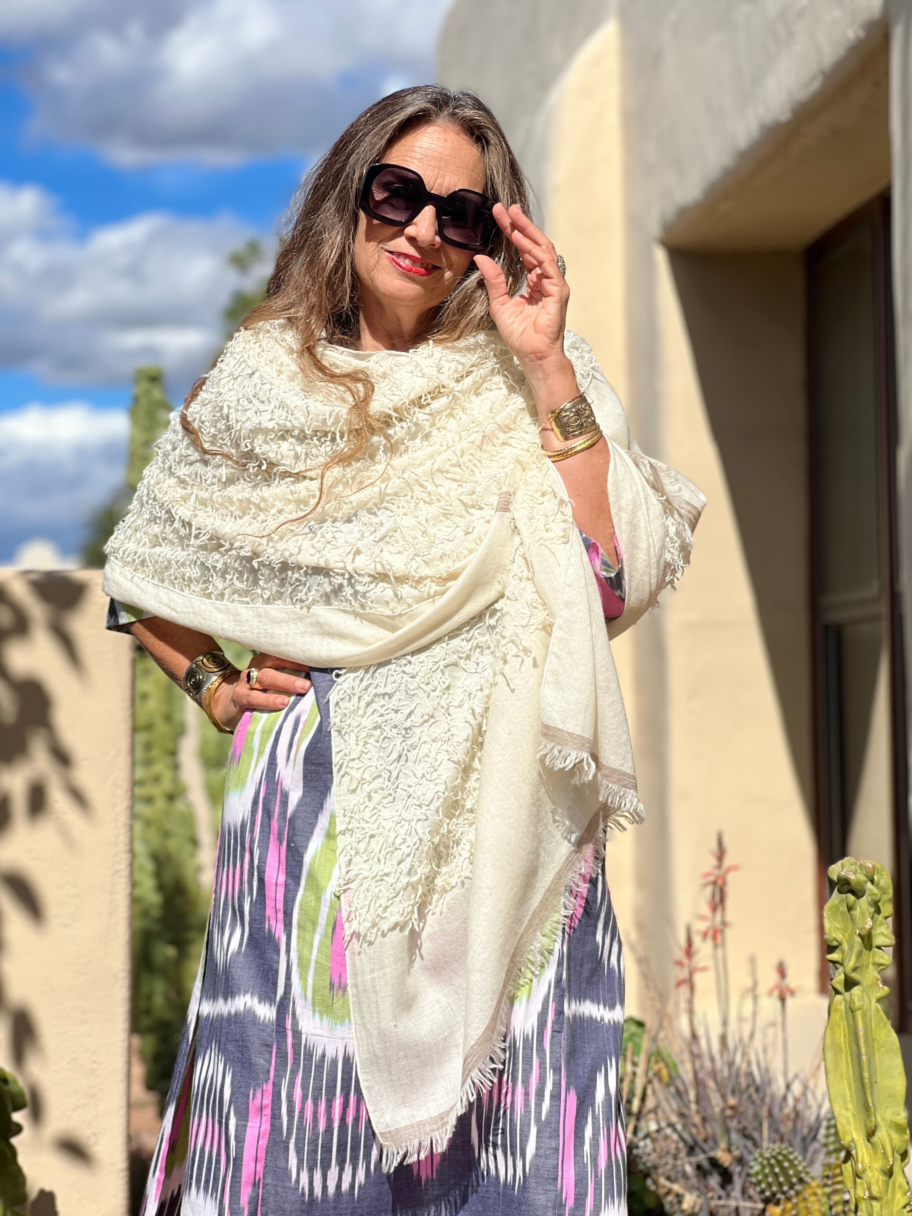 Ecru Feathered Pashmina Shawl Hand Woven One of a Kind