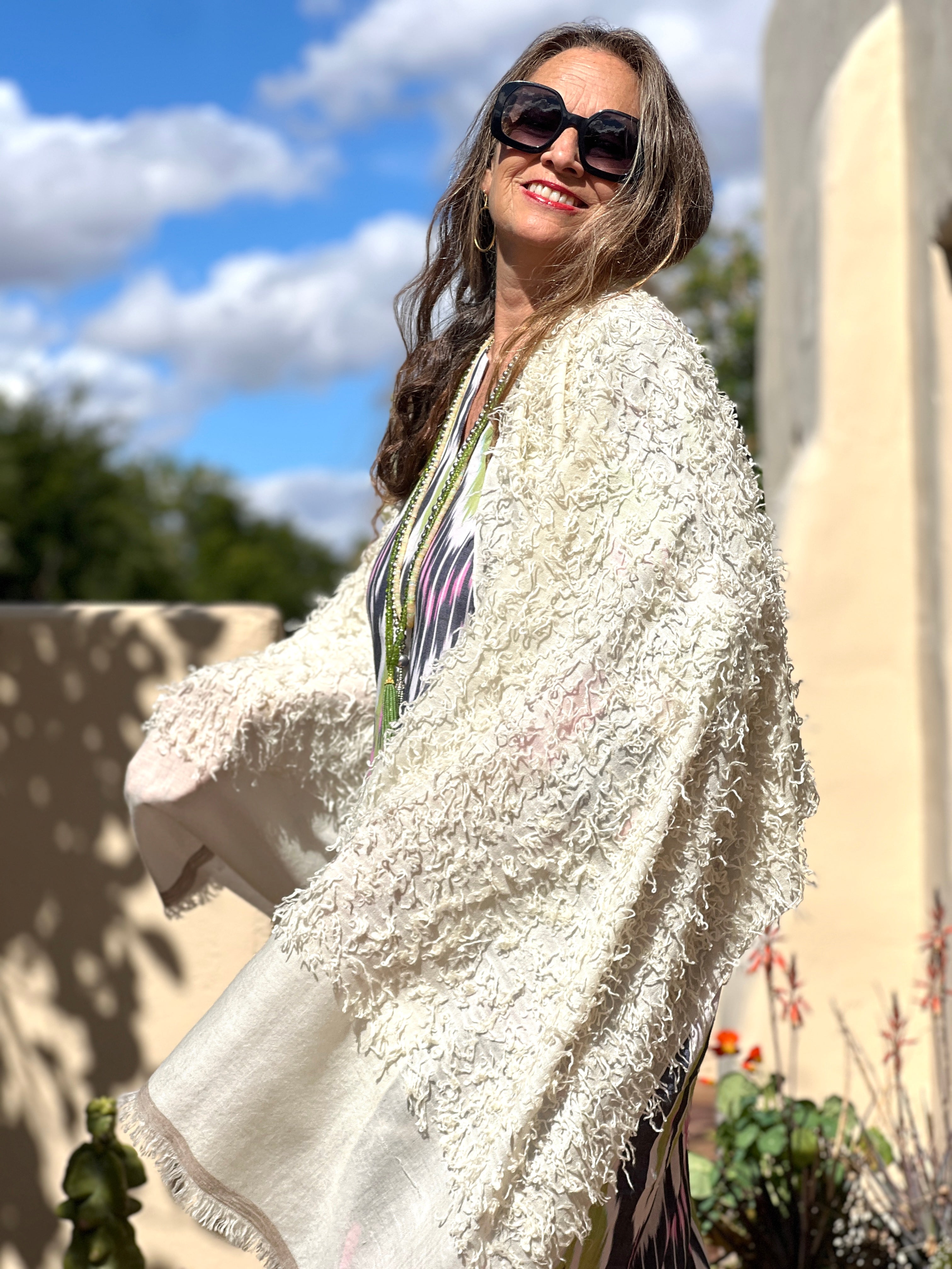 Ecru Feathered Pashmina Shawl Hand Woven One of a Kind