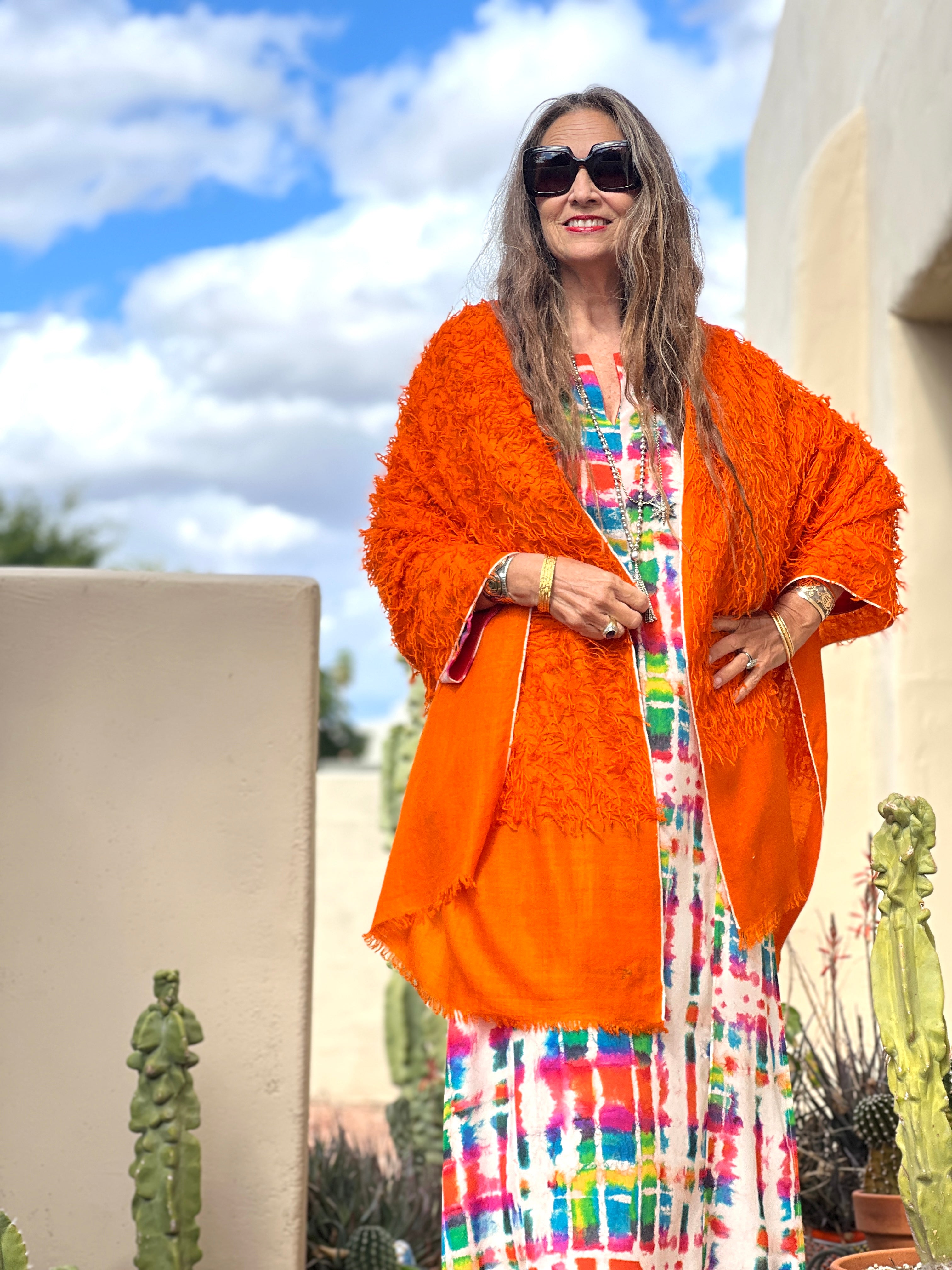 Tangerine Orange Feathered Pashmina Shawl Hand Woven One of a Kind