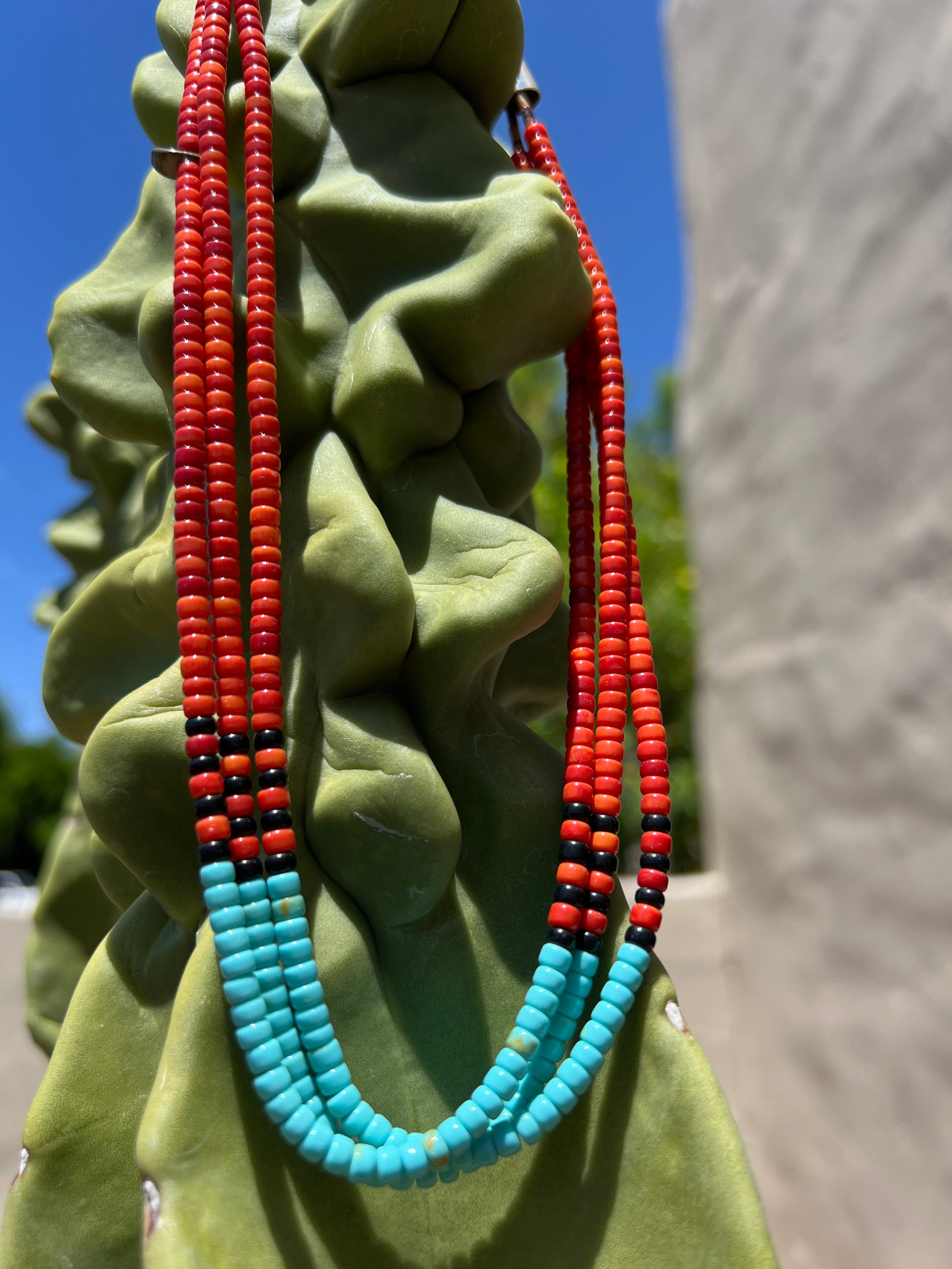 Apple Coral, Turquoise, and Black Jet Santo Domingo Necklace