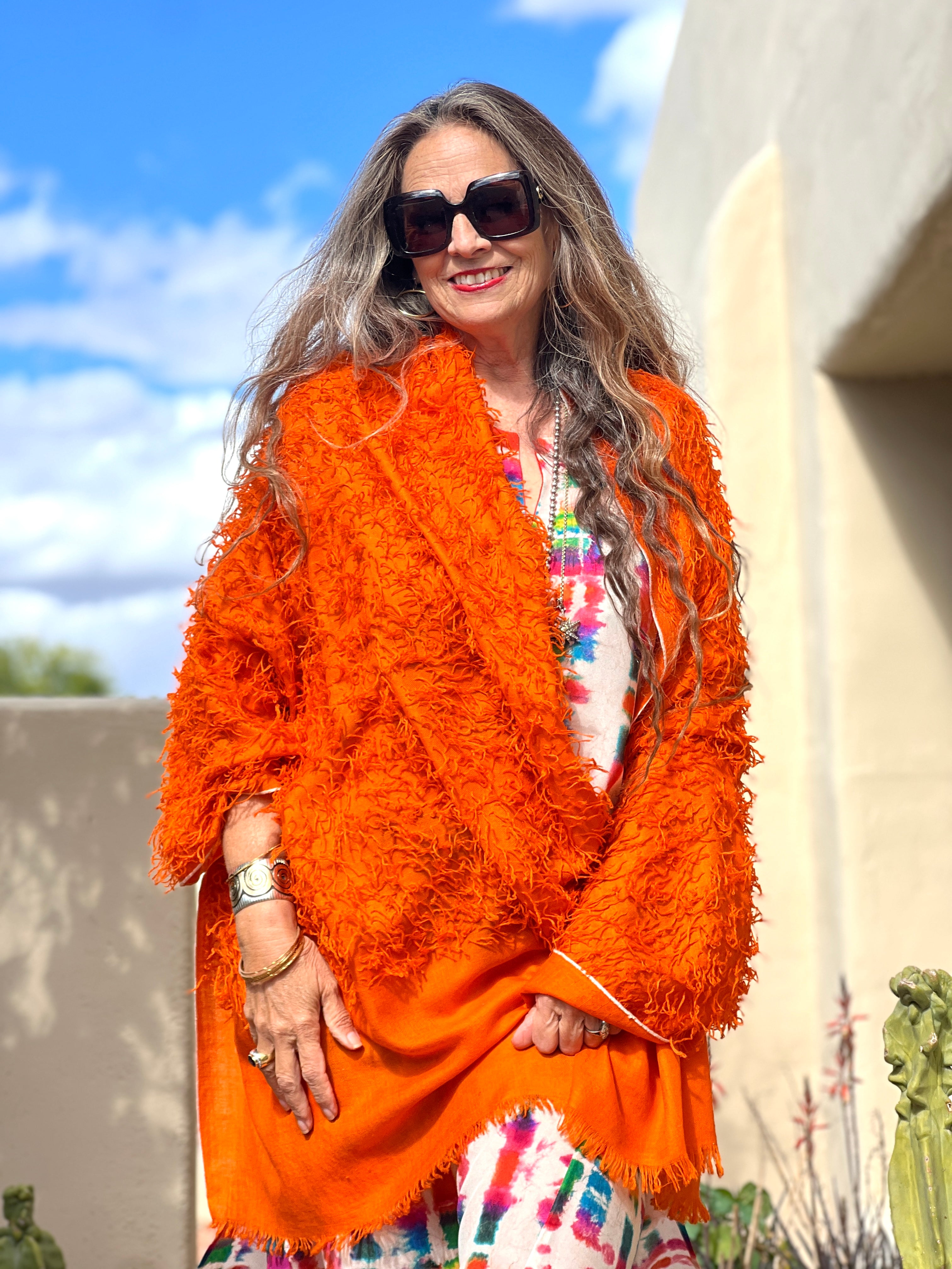 Tangerine Orange Feathered Pashmina Shawl Hand Woven One of a Kind