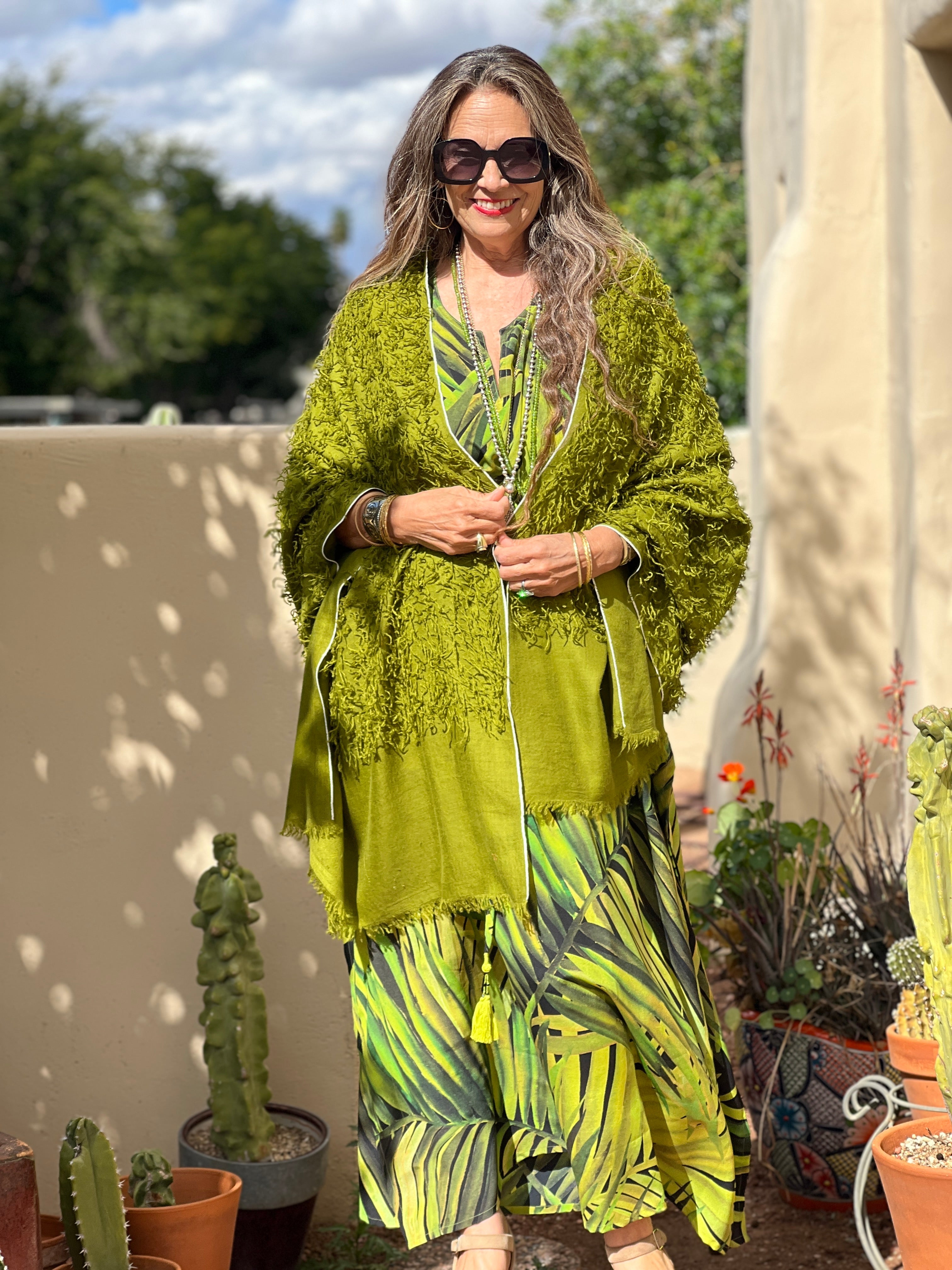 Olive Green Feathered Pashmina Shawl Hand Woven One of a Kind