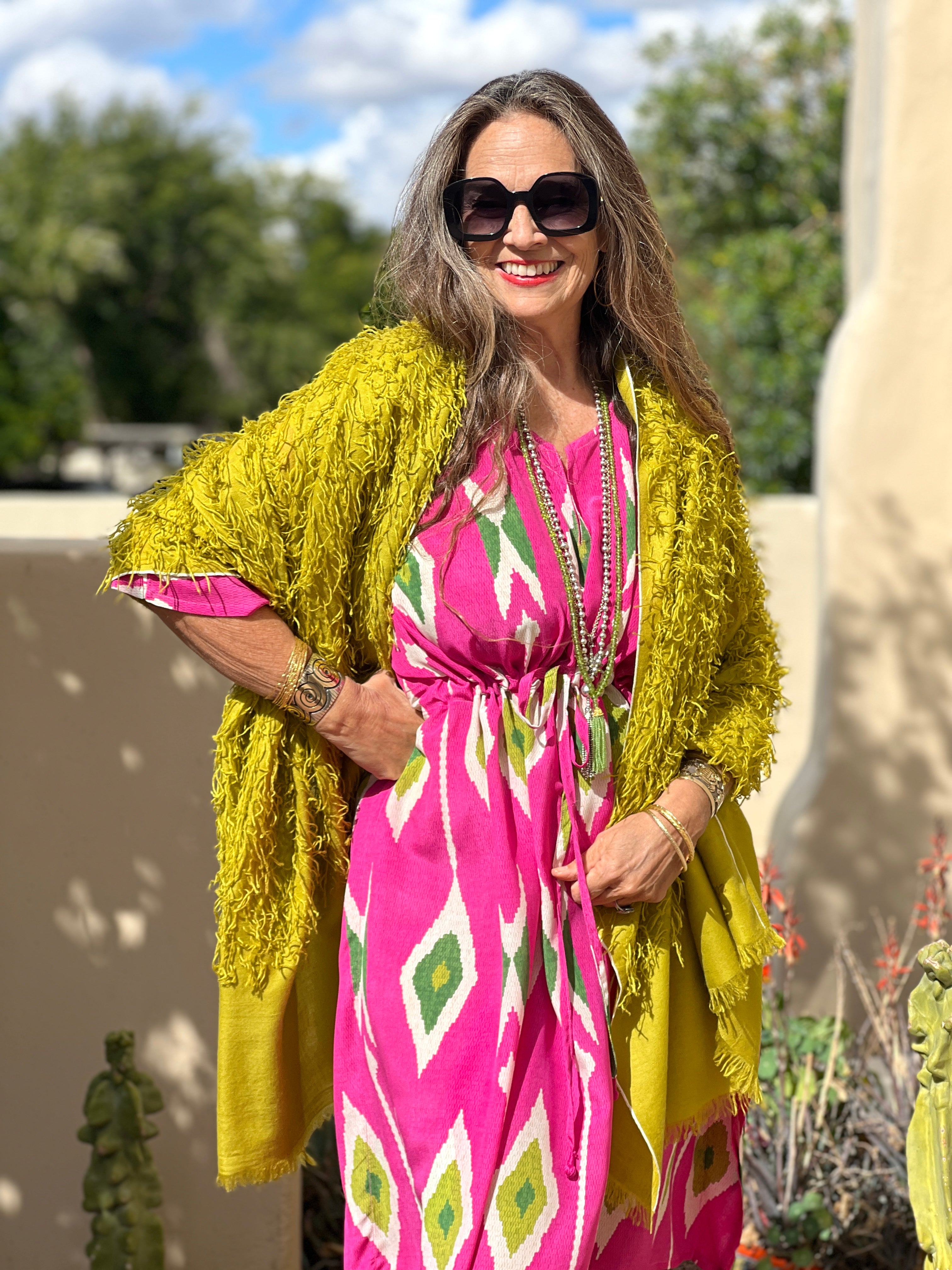 Chartreuse Feathered Pashmina Shawl Hand Woven One of a Kind