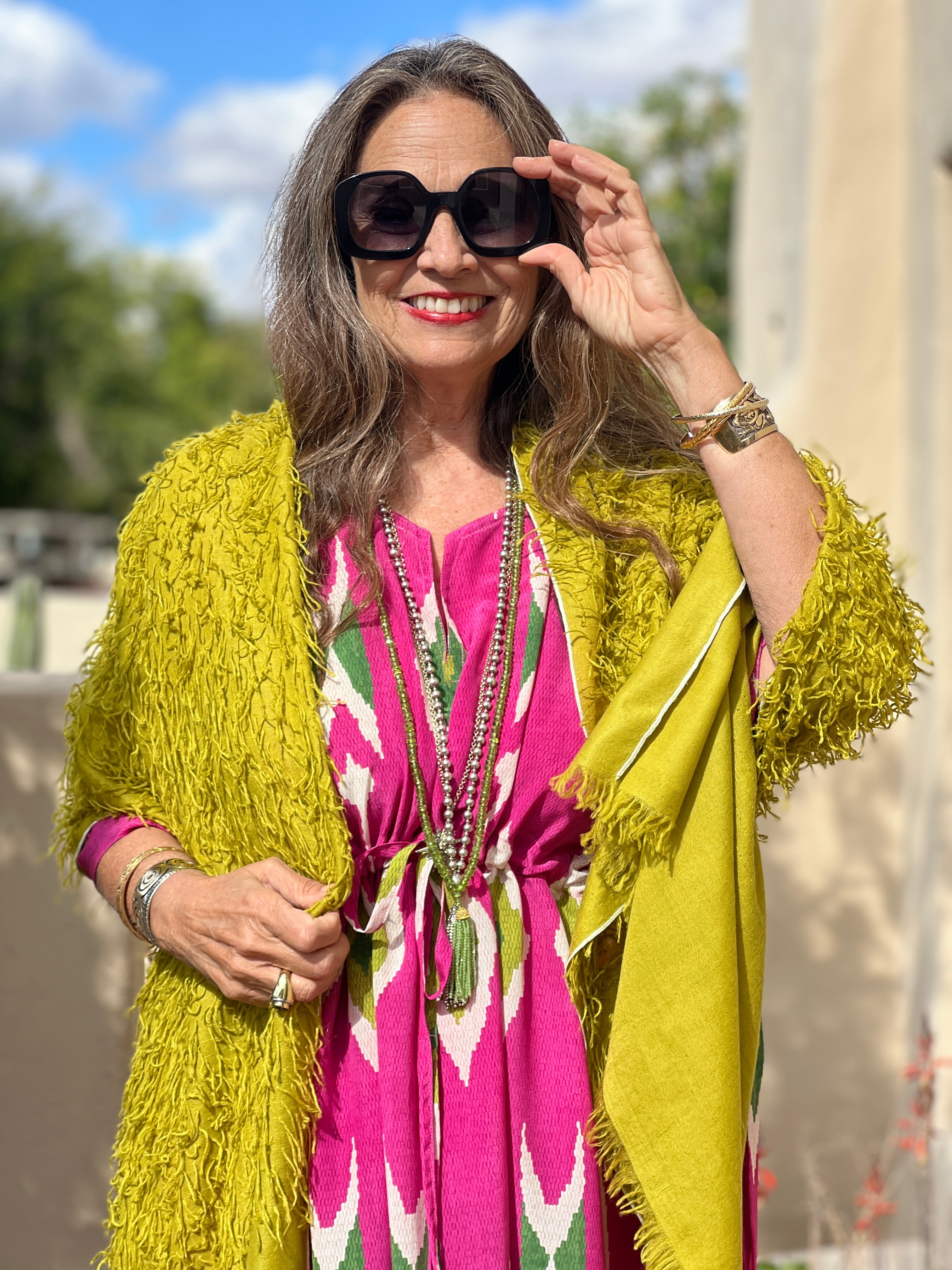 Chartreuse Feathered Pashmina Shawl Hand Woven One of a Kind