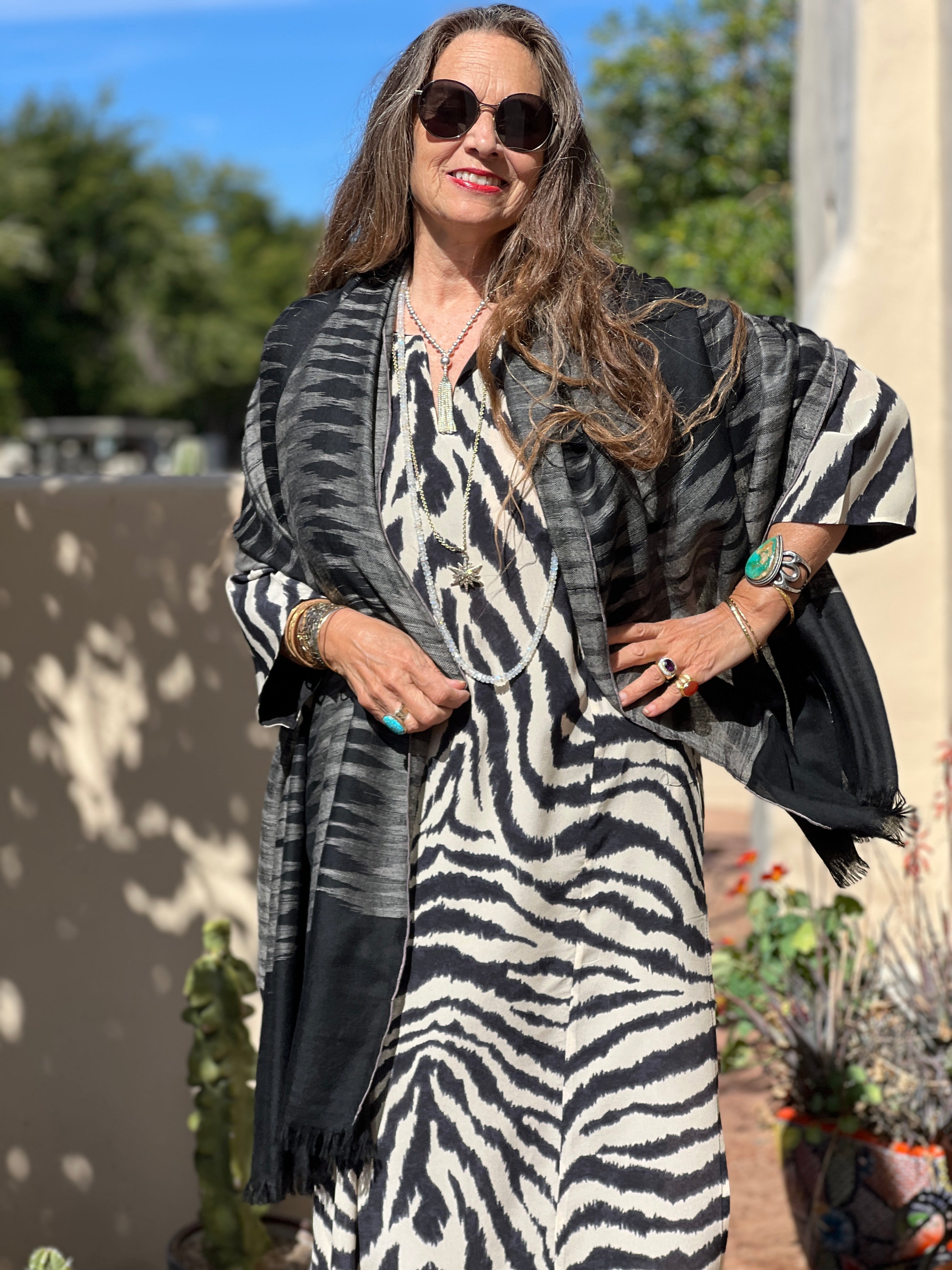 Black and Grey Ikat Pashmina Shawl One of a Kind