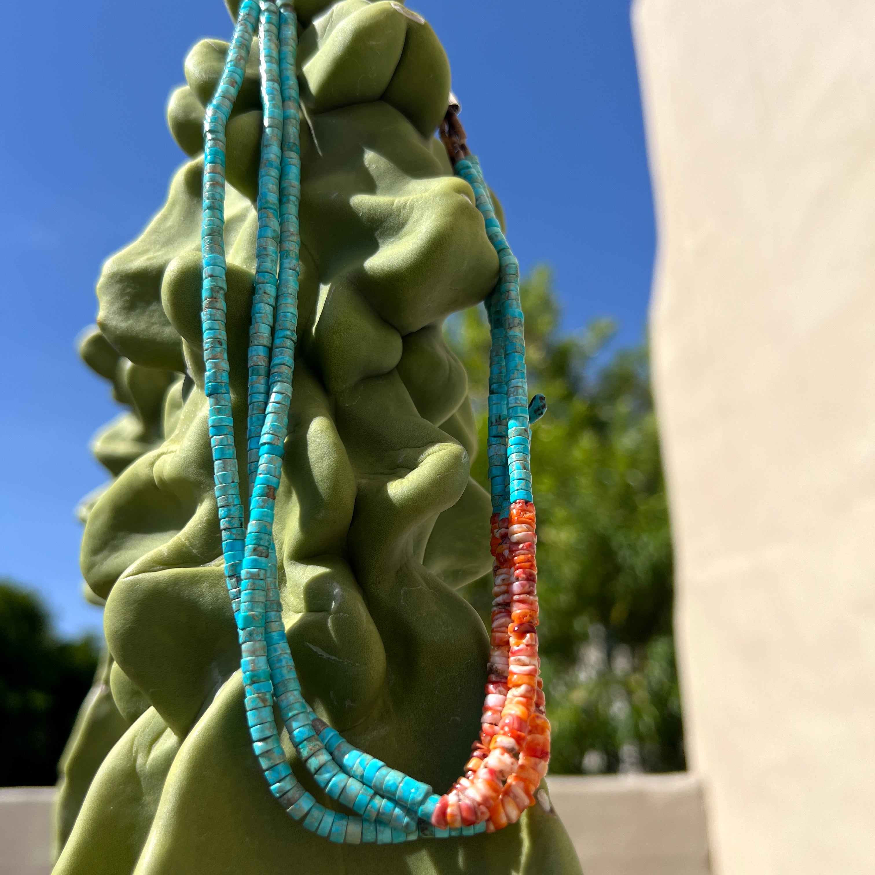 Turquoise, Orange Spiny Oyster, and Heishi Santo Domingo Necklace