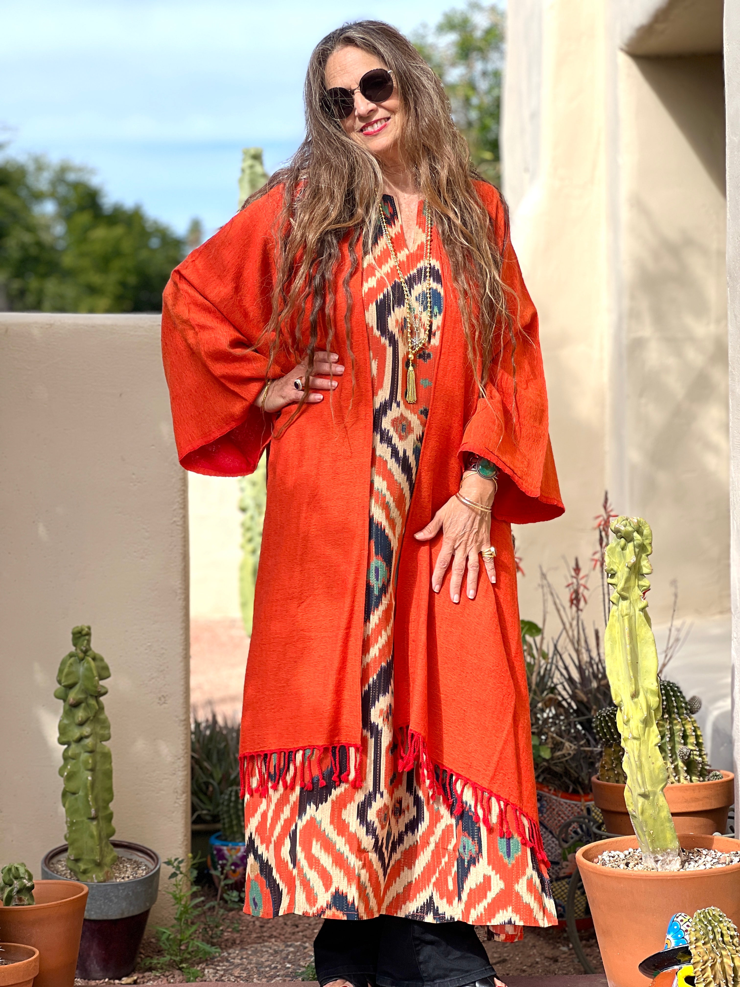 Orange and Tomato Red Boiled Wool Kimono Coat One of a Kind