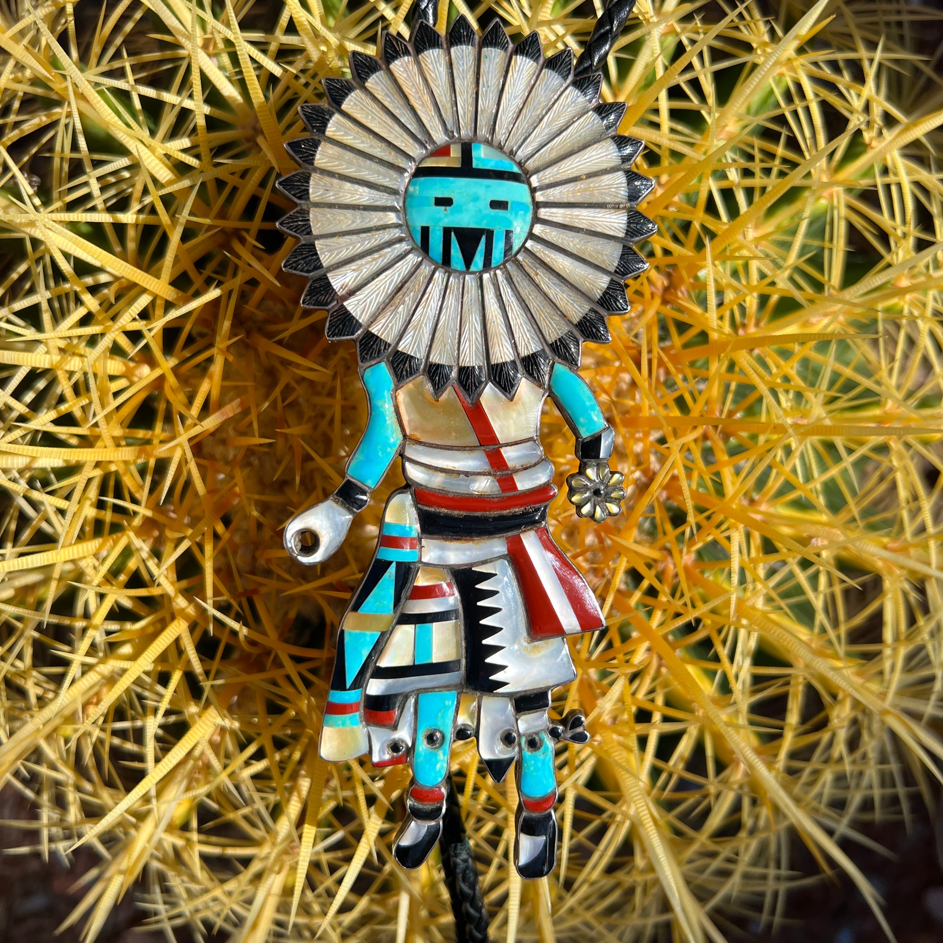 Vintage Zuni Dancing Kachina Turquoise, Coral, Onyx, and Mother of Pearl Bolo Tie