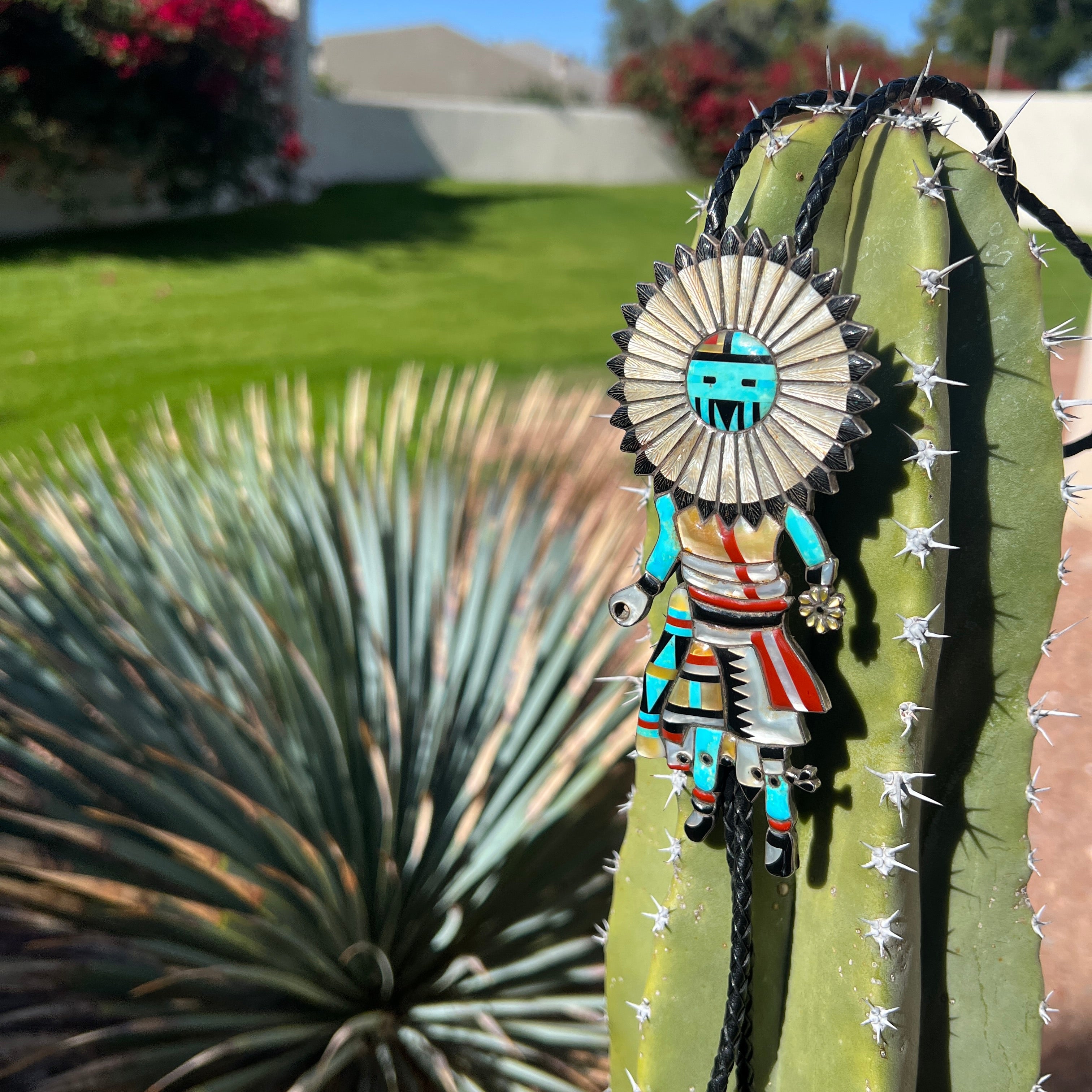 Vintage Zuni Dancing Kachina Turquoise, Coral, Onyx, and Mother of Pearl Bolo Tie