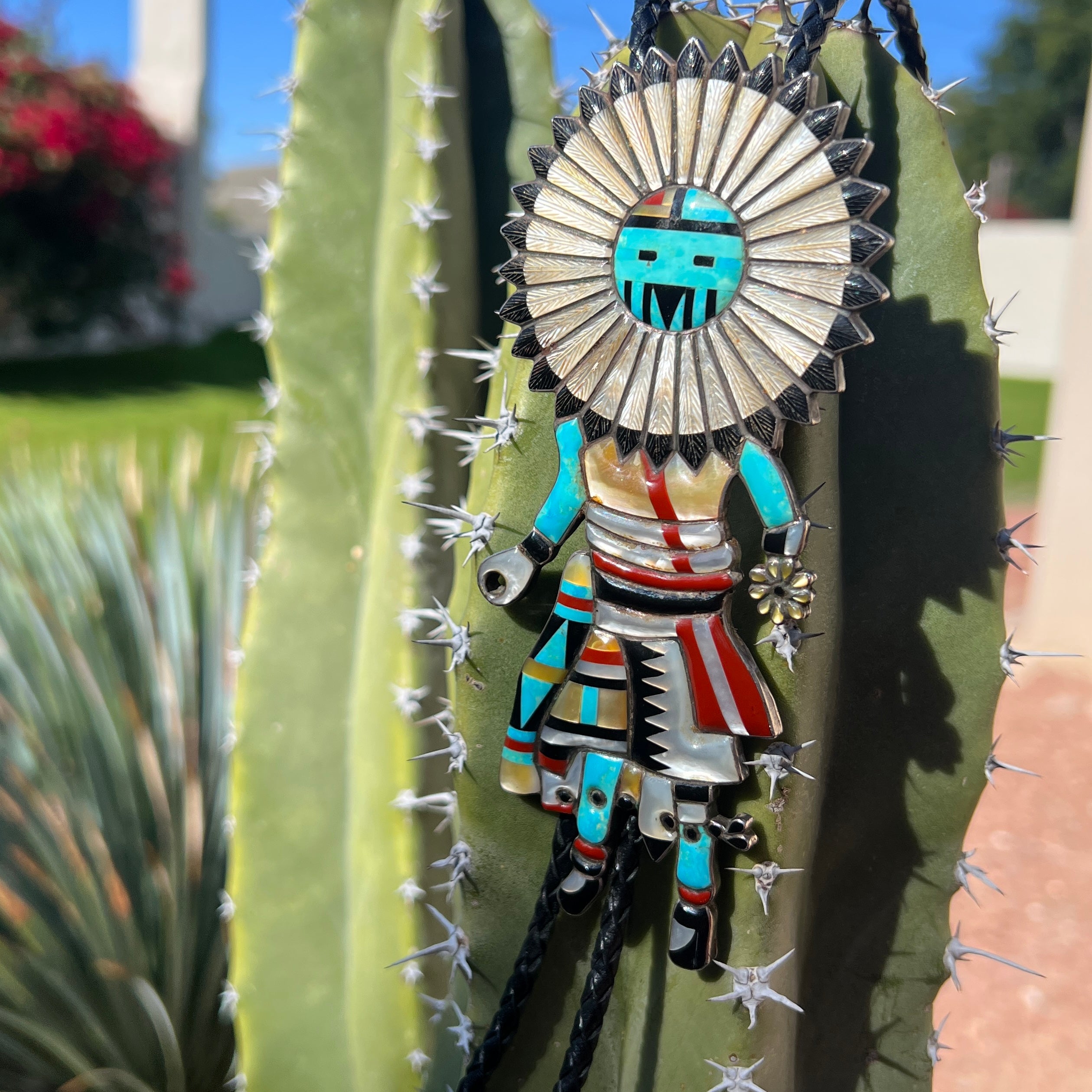 Vintage Zuni Dancing Kachina Turquoise, Coral, Onyx, and Mother of Pearl Bolo Tie
