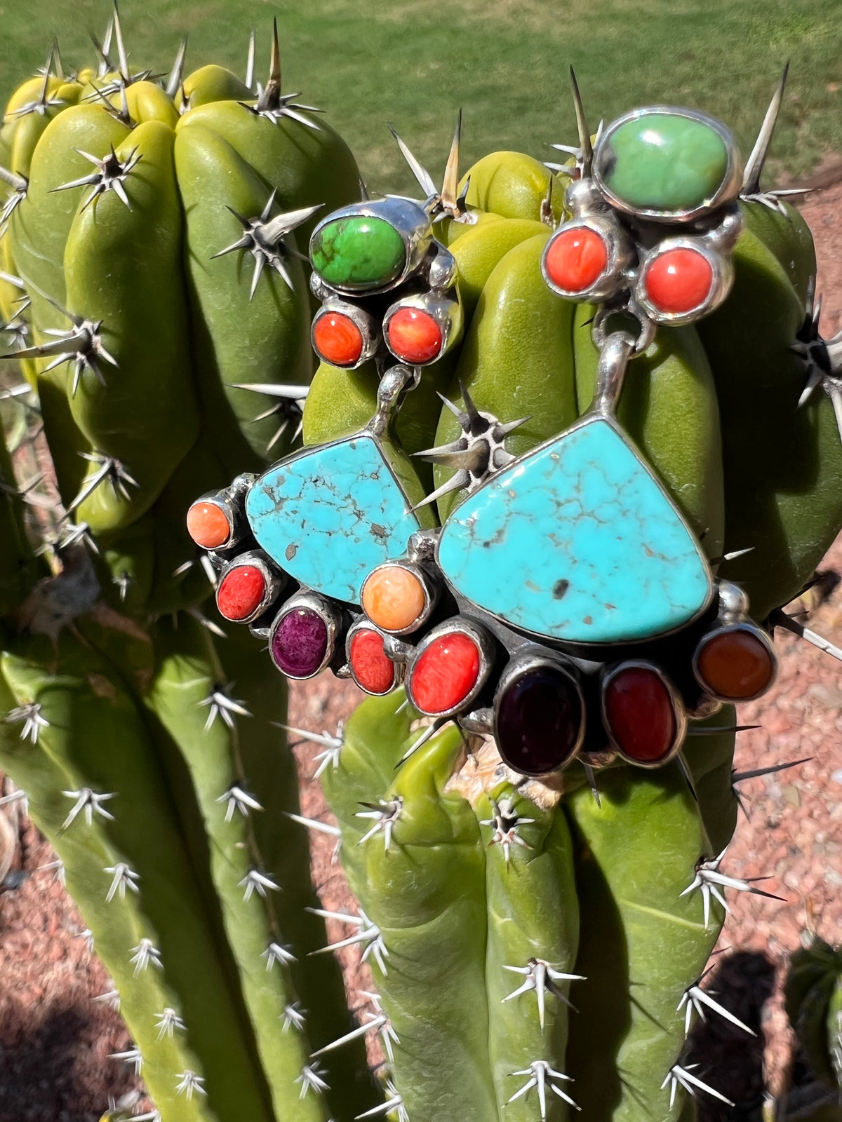 Navajo Turquoise, Spiny Oyster, Gaspeite, and Silver Earrings